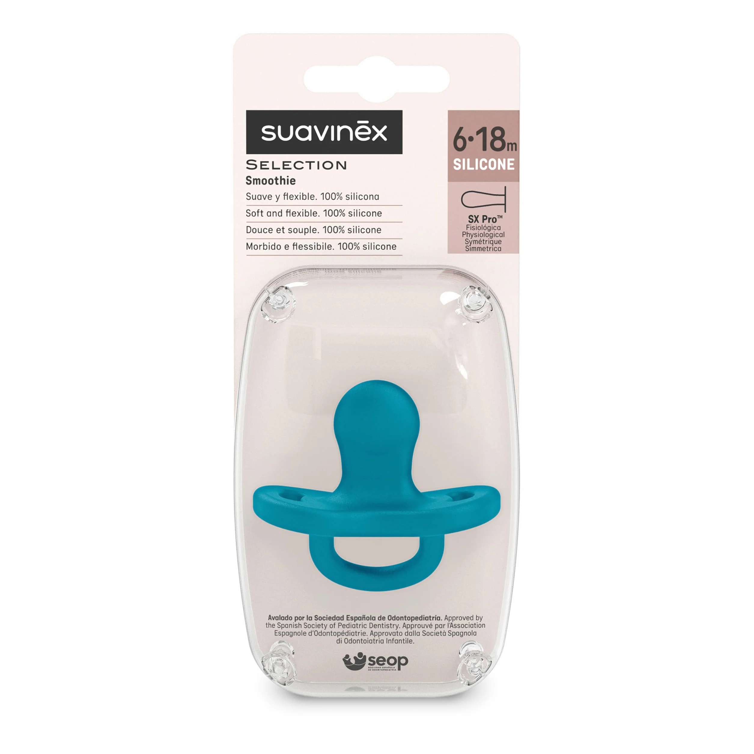 Suavinex, Chupete Todo Silicona, para Bebés 6/18 Meses, con Tetina Fisiológica Sx Pro, Súper Blandito y Flexible, Ideal para Dormir, Respeta el Desarrollo Bucodental, Colour Essence, Deep Ocean