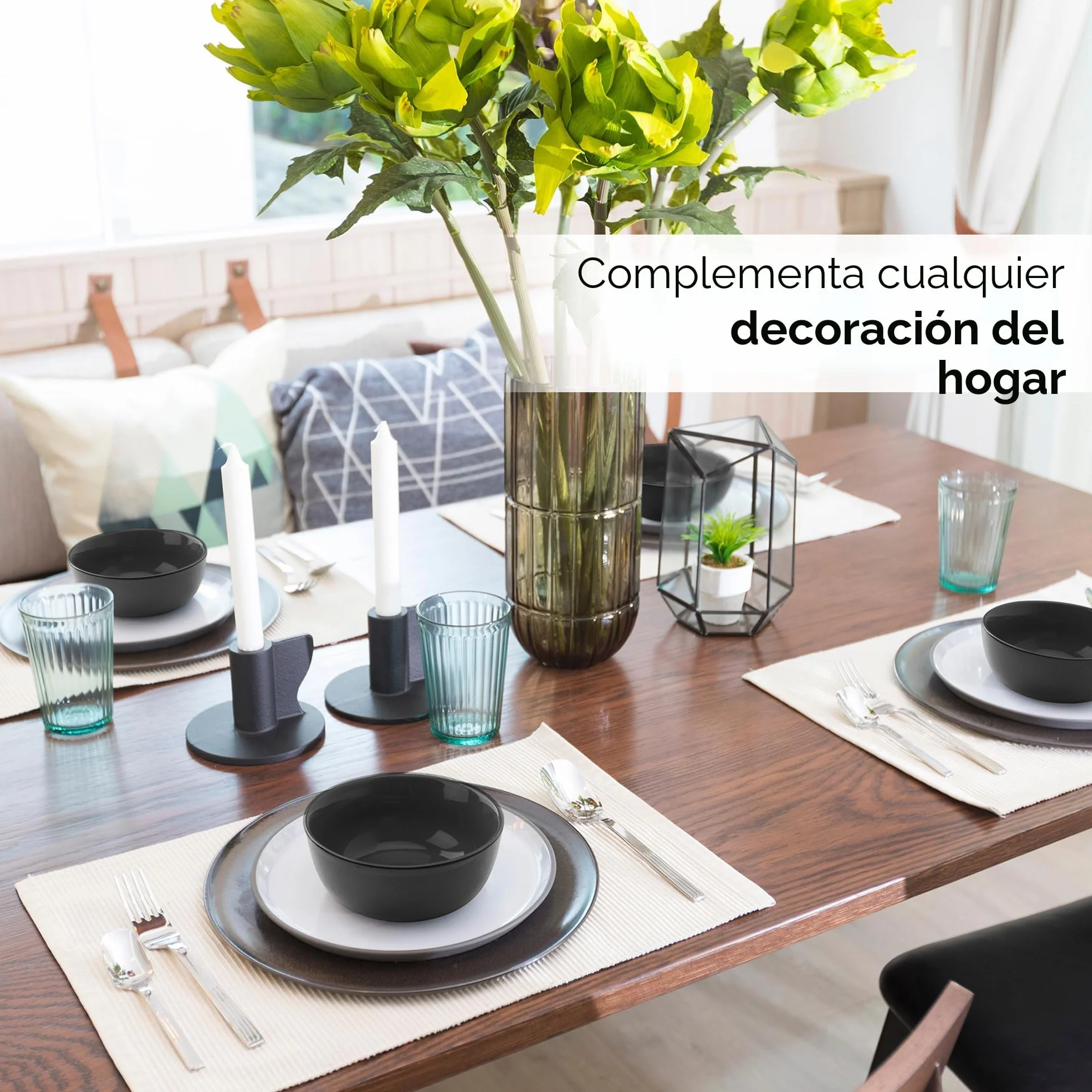 MIAMIO – Juego de Vajilla de 30 Piezas para 6 Personas/Vajilla de Gres – Incluye Platos, Tazones y Tazas – Apto para Microondas y Lavavajillas – Colección Le Papillon (Negro)