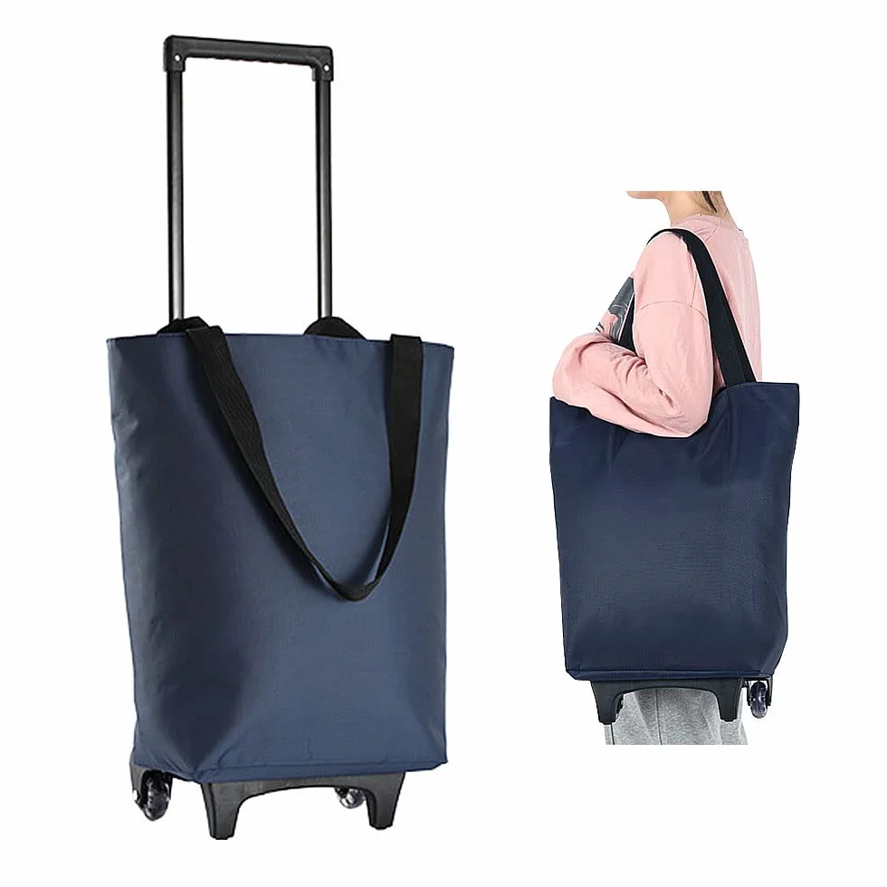 17L Bolsas de la Compra con Ruedas Plegables - Carrito de Compra Comprimido Pequeño Ligero Reutilizable Telescópica impermeable para mercado picnic acampada playa, mayor mujer, Azul