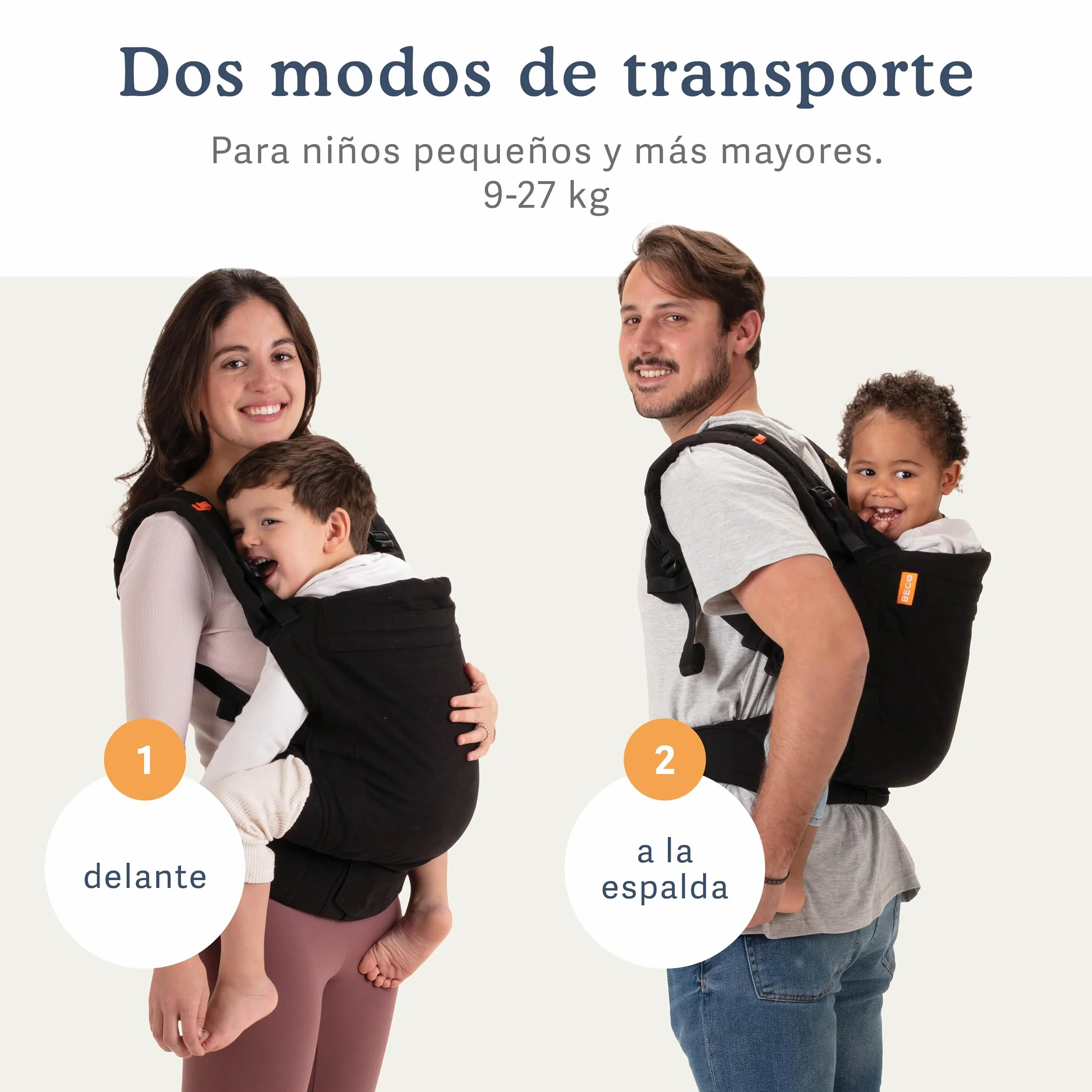 Beco Mochila porteo para niños asiento extra ancho 100% algodón liviana respirable espalda frente 9-27 kilos Negro