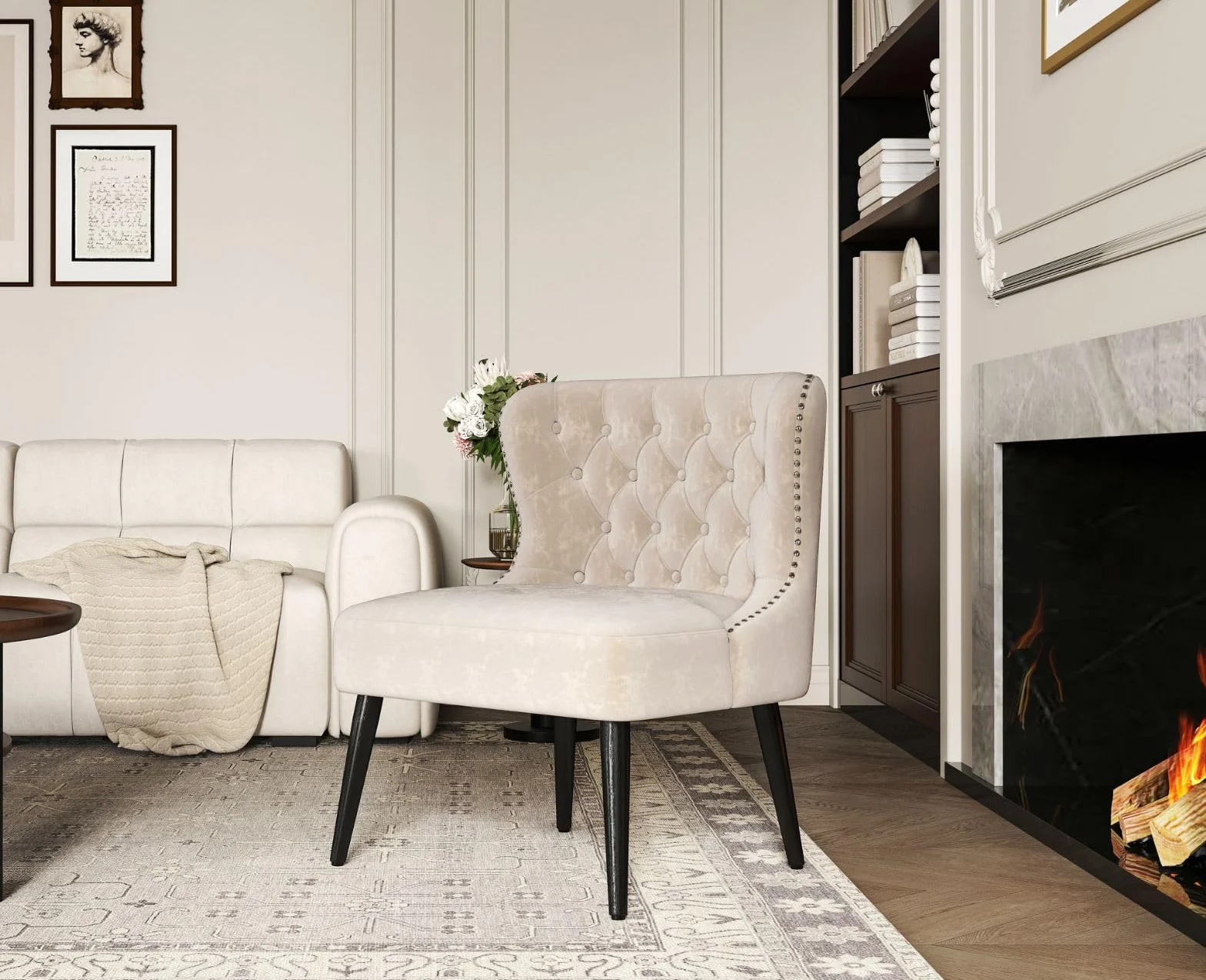chairus Sillón Nordica Butaca de Salón en Terciopelo, Sillón de Lectura Comóda Butaca Dormitorio con Tachuelas para Sala de Estar/Hotel, Beige