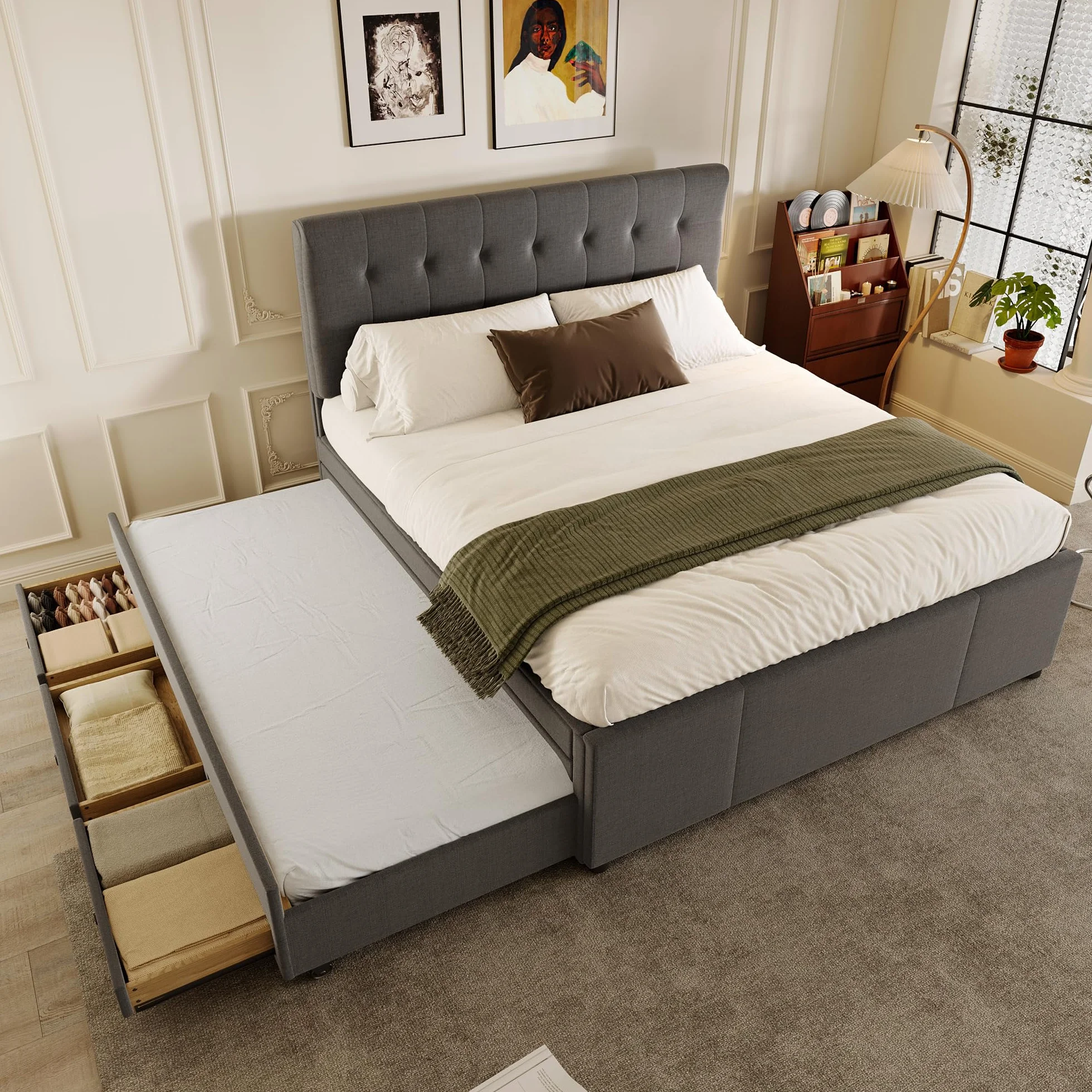 Moimhear Cama de matrimonio acolchada familiar con tres cajones, cama extraíble, cabecero ajustable (gris)