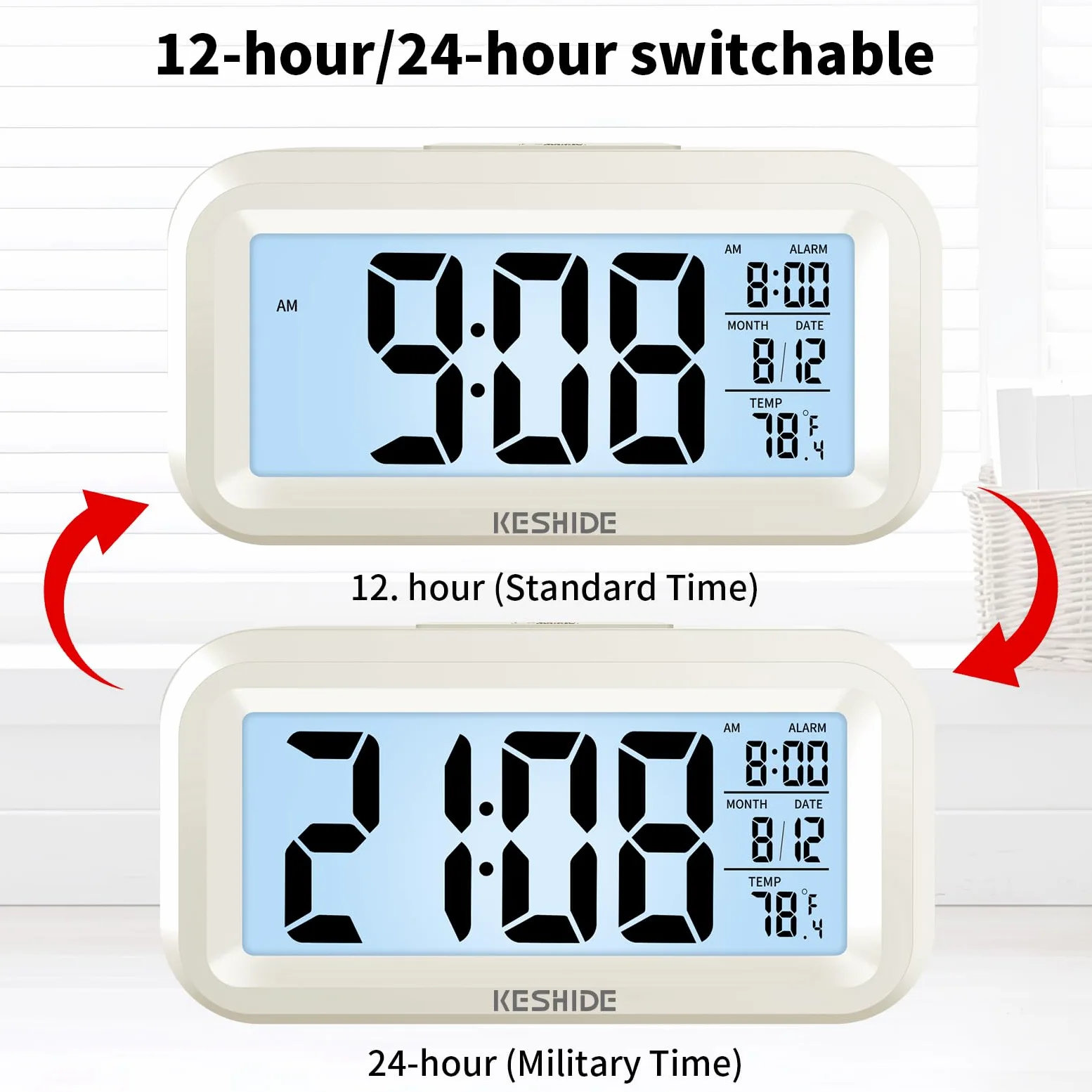 Reloj despertador digital con luz nocturna, funciona con pilas con temperatura interior, reloj pequeño de escritorio, modelo de repetición, pantalla de 12/24 horas para dormitorios, niños que
