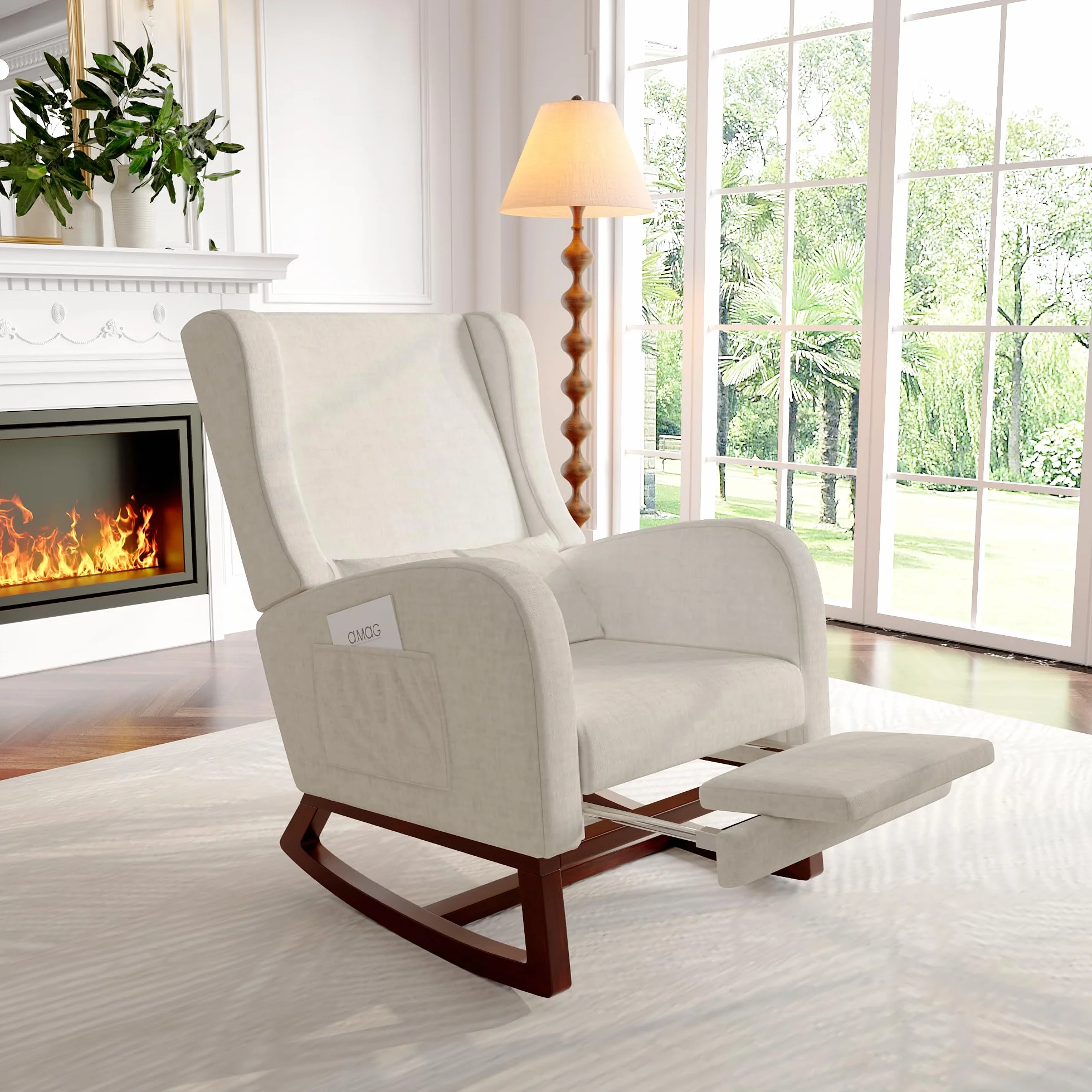 Mecedora de lactancia Lin Beige con reposapiés y reposabrazos, madera maciza, 67x64x99 cm