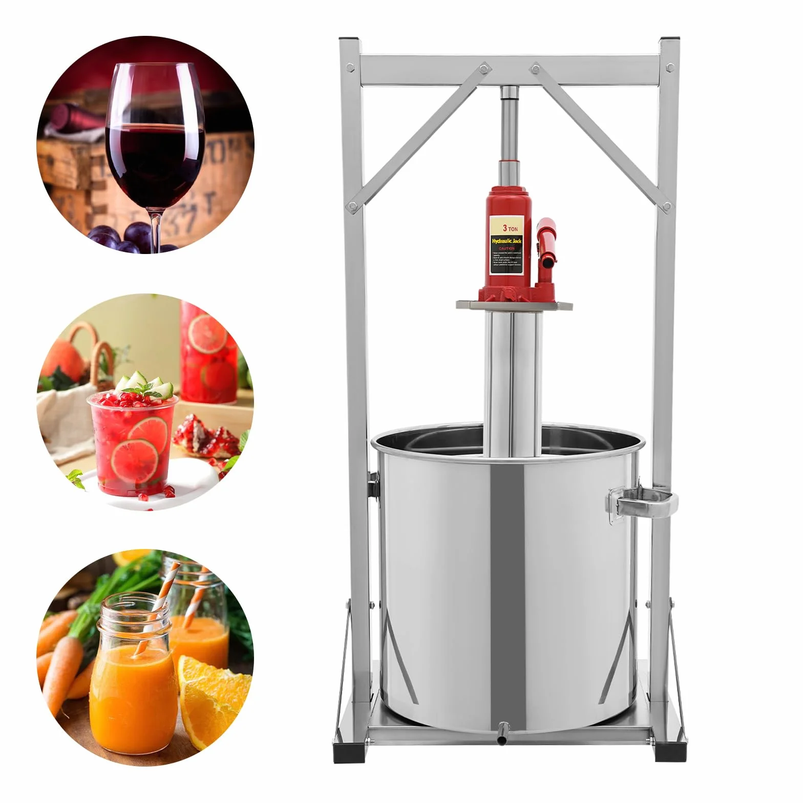 Exprimidor hidráulico de acero inoxidable 36L, 3T Frutas y Vino Prensa con Cubo de Filtro y Gato de Carro, Prensa de Frutas Manual para Vino, Verduras, Queso, Uso Hogar y Pequeñas Cervecerías
