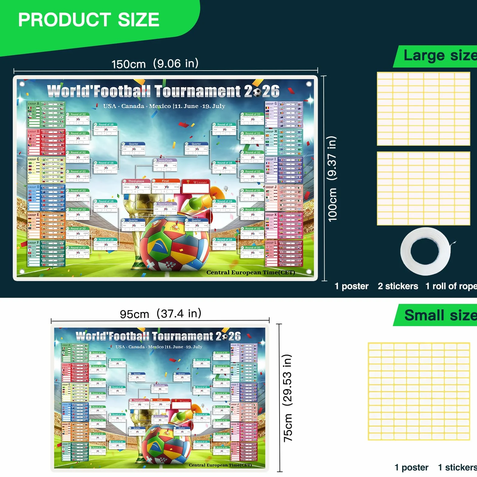 Calendario Mundial Futbol 2026 Poster Copa del Mundo 95x75cm 150x100cm