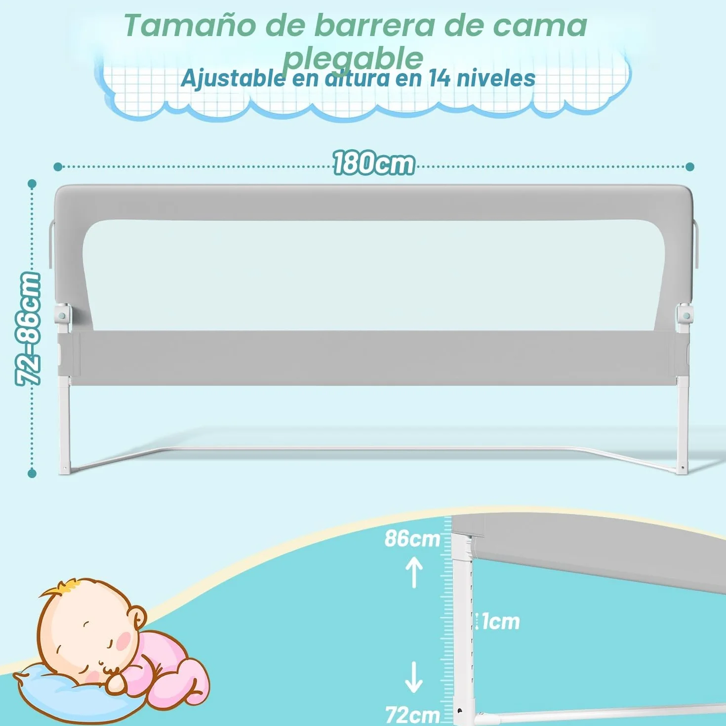 Barrera para cama de 180 cm, protección contra caídas, plegable 180 grados, altura ajustable 72-86 cm, rejilla para cuna con patas trapezoidales y correas de fijación, gris