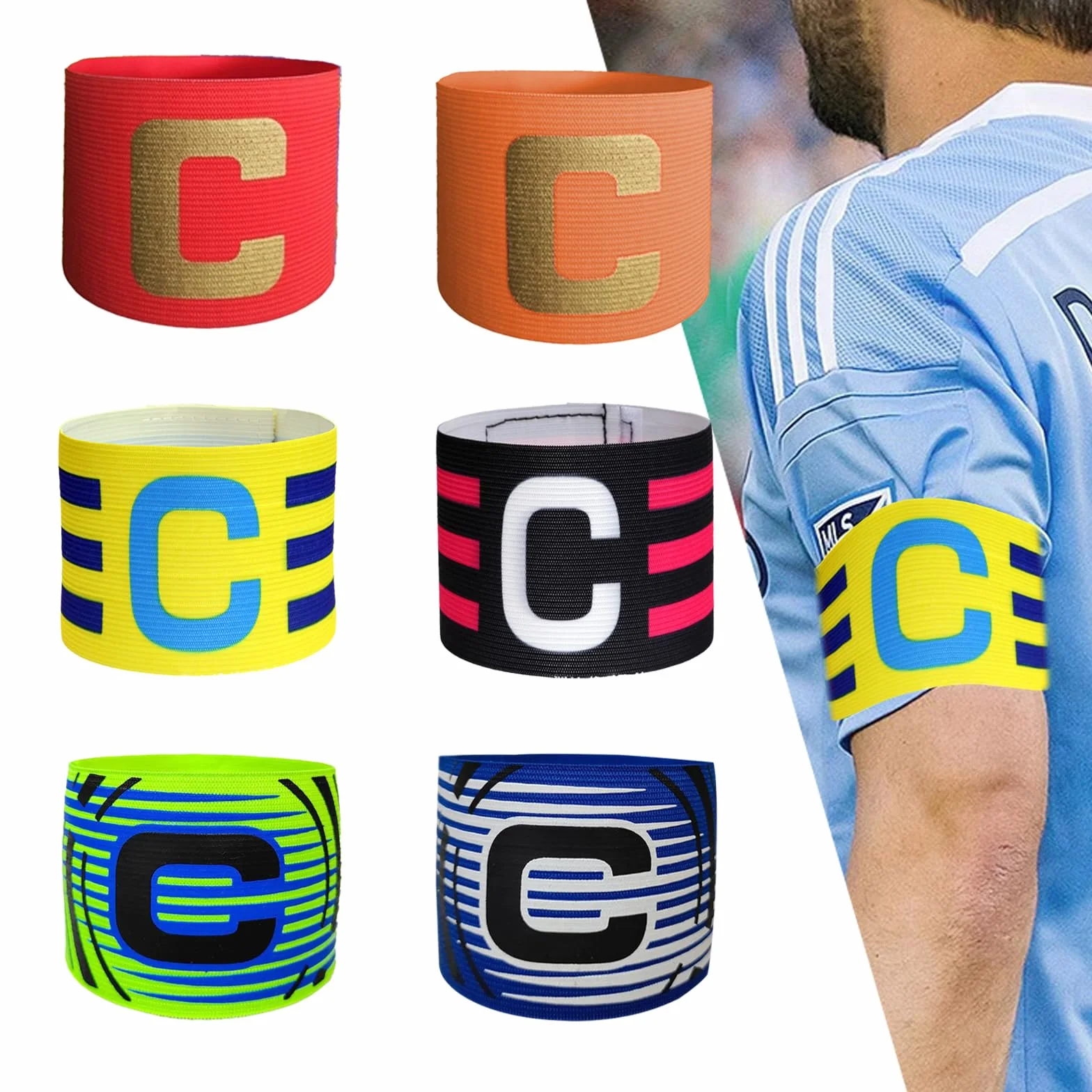 Brazalete Capitán Elástico Ajustable Multicolor para Fútbol Rugby Niños Jóvenes Adultos 6 Piezas