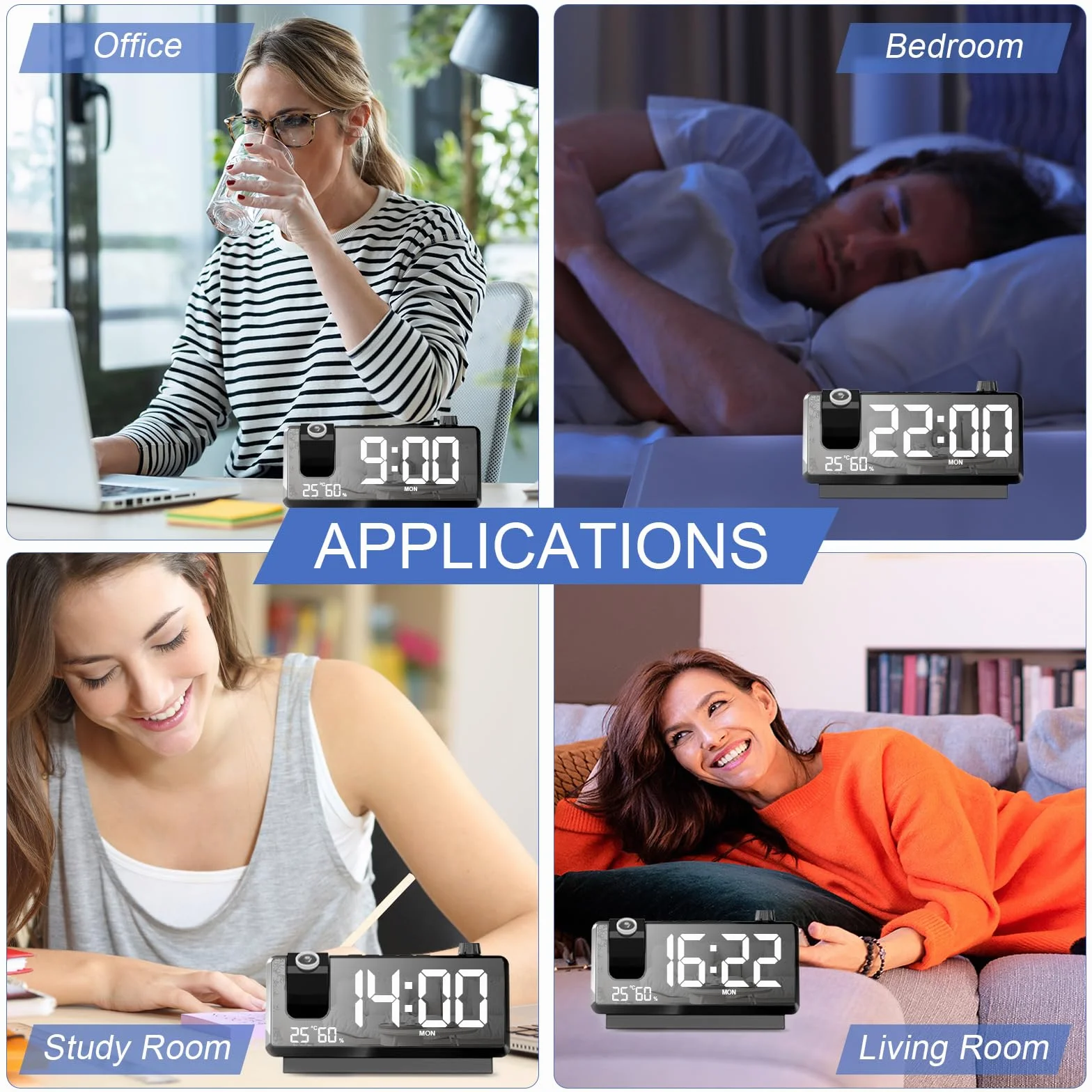 Cuteefun Reloj Proyector Techo, 7 Pulgadas Despertador Digital, Proyector de 180°, Puerto USB Doble, Temperatura y Humedad, Brillo de 3 Niveles, 12/24H, Doble Alarma, Snooze, Negro