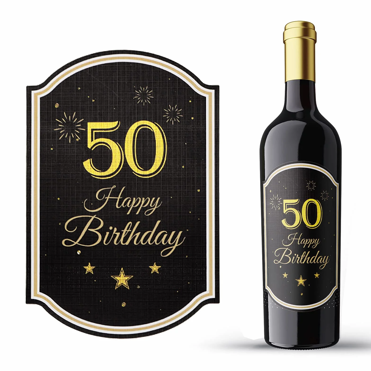 GEBETTER 2Pcs Etiquetas Adhesivas Botella Vino Cumpleaños 50 Happy Birthday, 8.5x12 cm, Color Negro Dorado, Pegatinas Autoadhesiva Decoración Adorno Regalos Fiesta Hombre Mujer (50 Años)