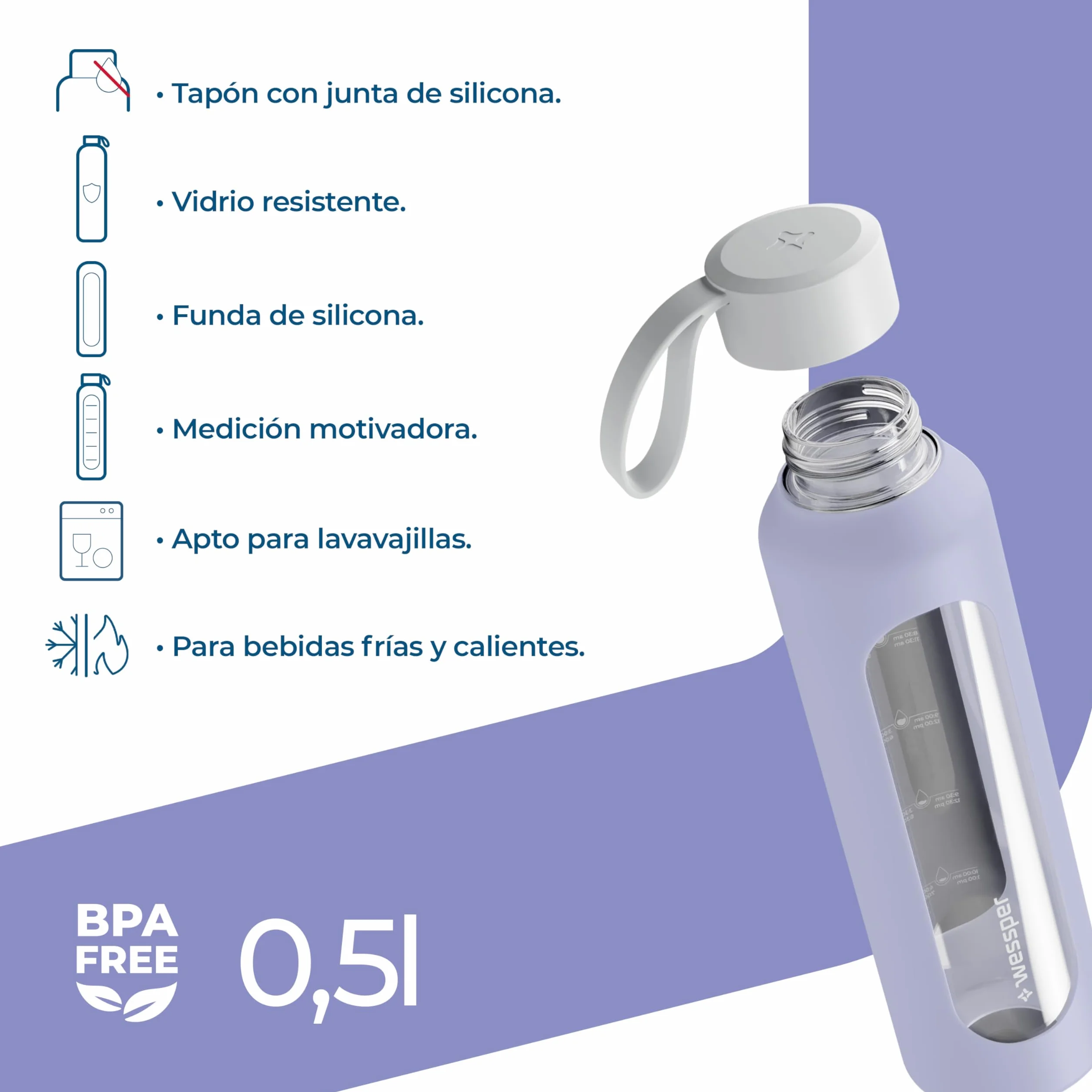 Wessper Botella de Agua Cristal 500 ml con Escala de Hidratación, Vidrio Borosilicato con Funda de Silicona, Sin BPA - Violeta