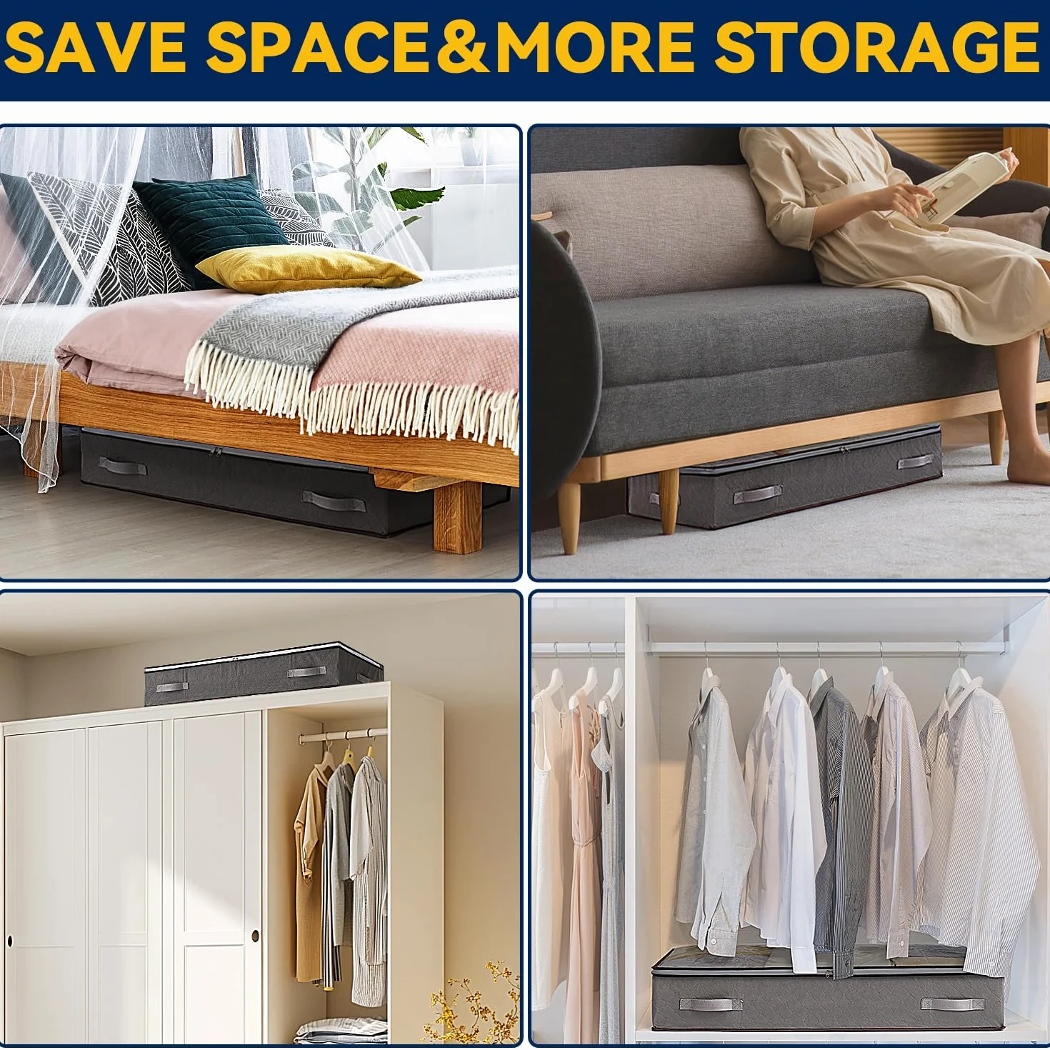 2 Piezas Cajas Almacenaje Ropa 90L, Almacenaje Bajo Cama, Organizador De Canape Plegable Bolsas Para Guardar Ropa Con Mango Reforzado, Caja Organizador Armario Para Edredón, Manta Zapatero