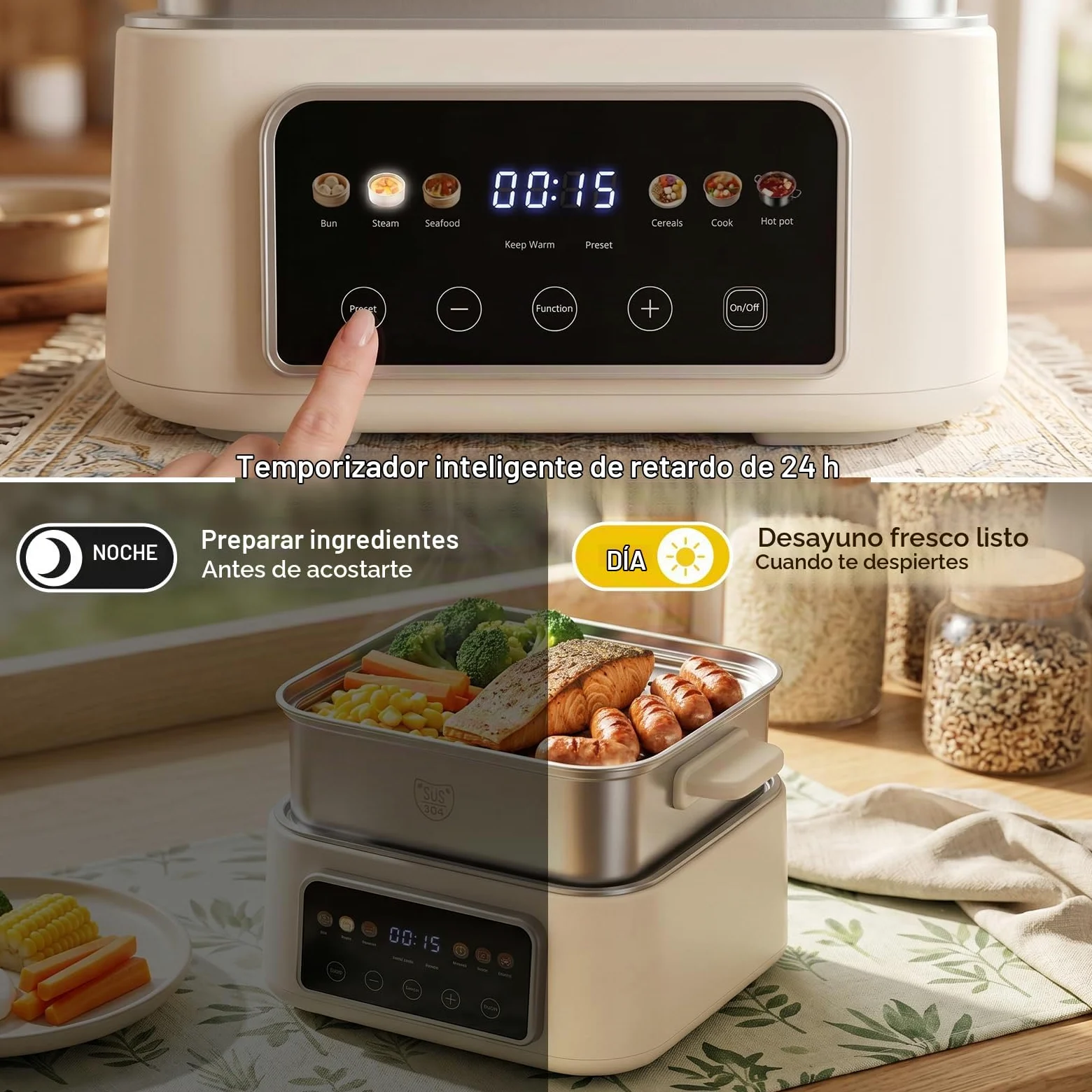 Fulgutonit 12.5L Vaporera Eléctrica de Acero Inoxidable 304 | 2 Niveles, 6 Programas Inteligentes, Temporizador de 24 Horas, Vaporera y Hot Pot 2 en 1, Cocina Multifunción