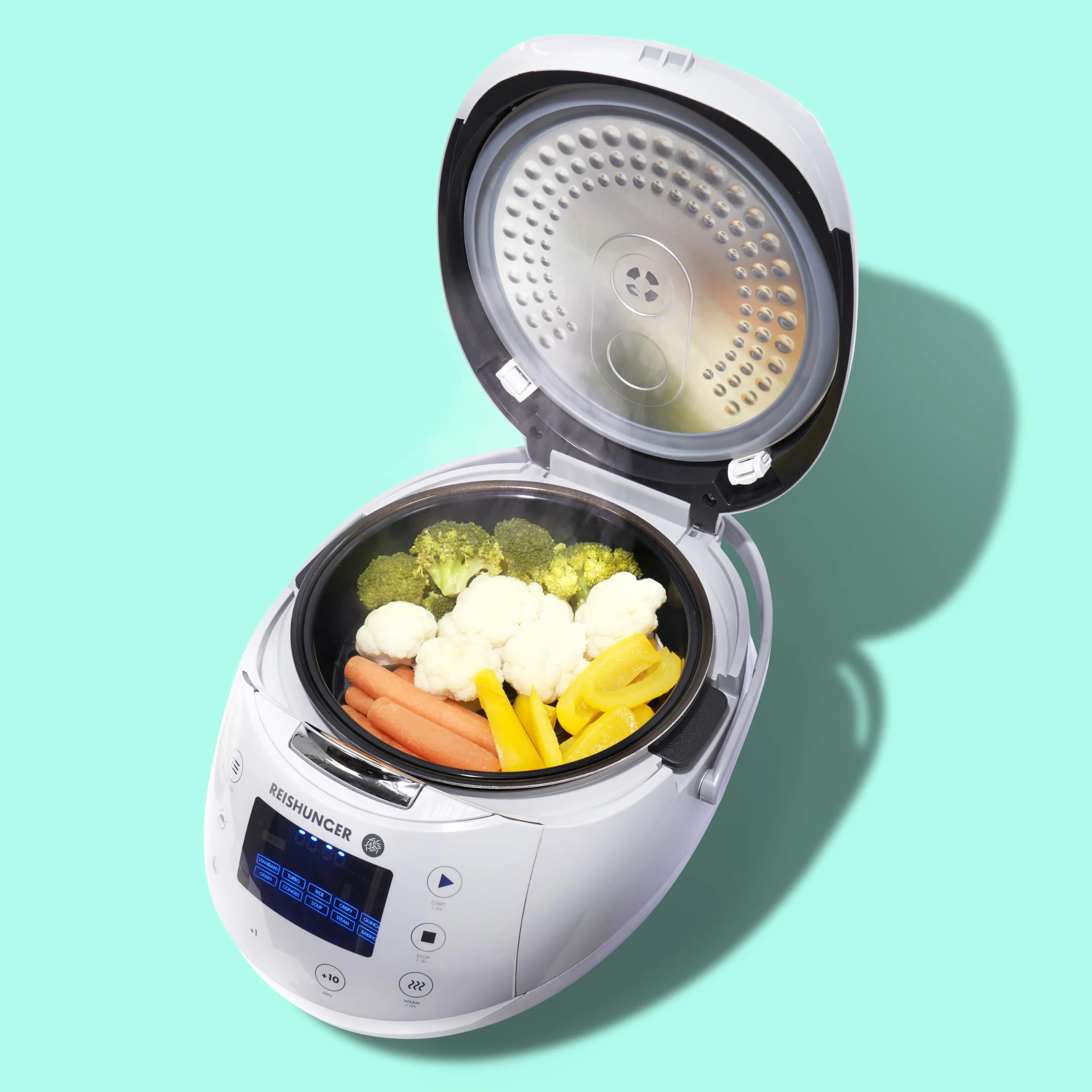 REISHUNGER Olla Arrocera Eléctrica y Vaporera – 1,5 L – Gris | hasta 8 personas – Temporizador y recipiente interior Premium – Olla multifunción, 12 programas, tecnología de 7 fases