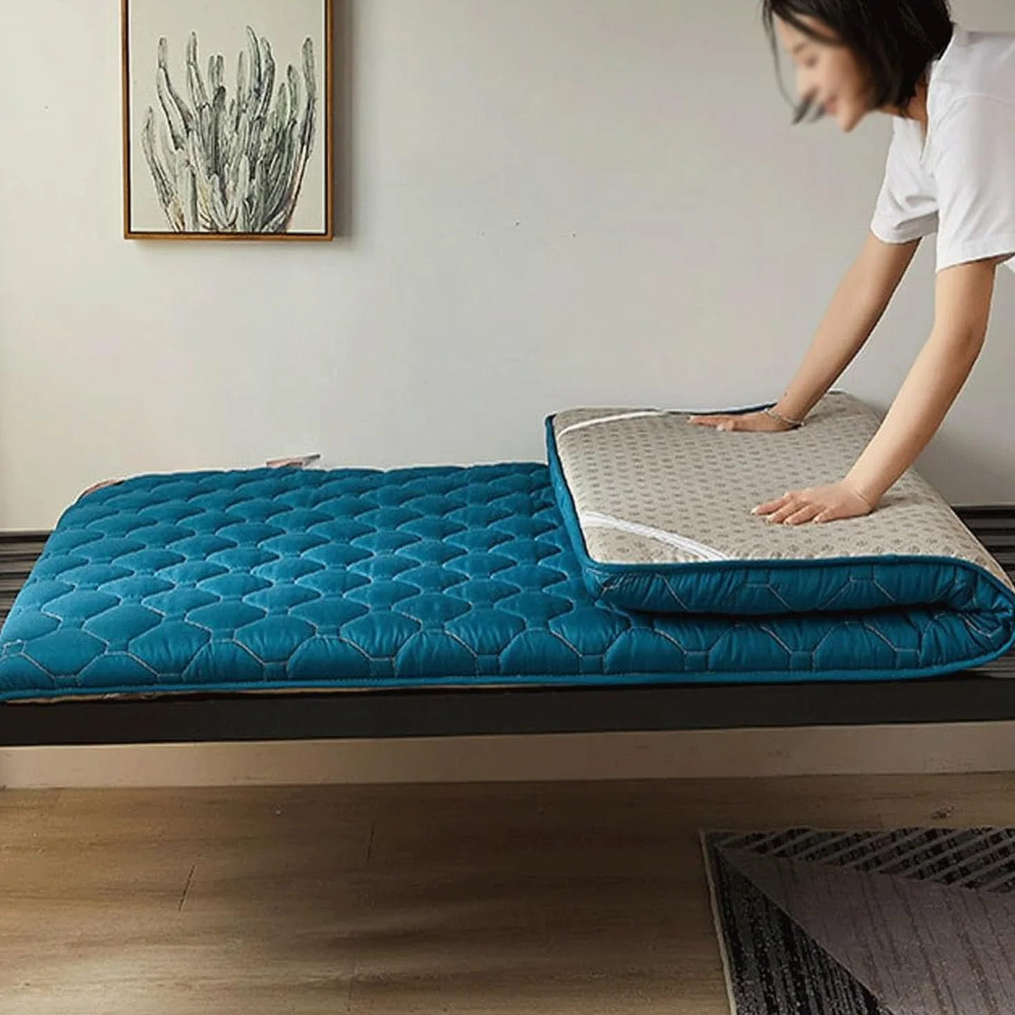 Colchón de futón japonés, Relleno de algodón Individual, Doble, Enrollable, Plegable, colchón portátil para Dormir para Suelo, Cama de Invitados,6,90 x 200 cm