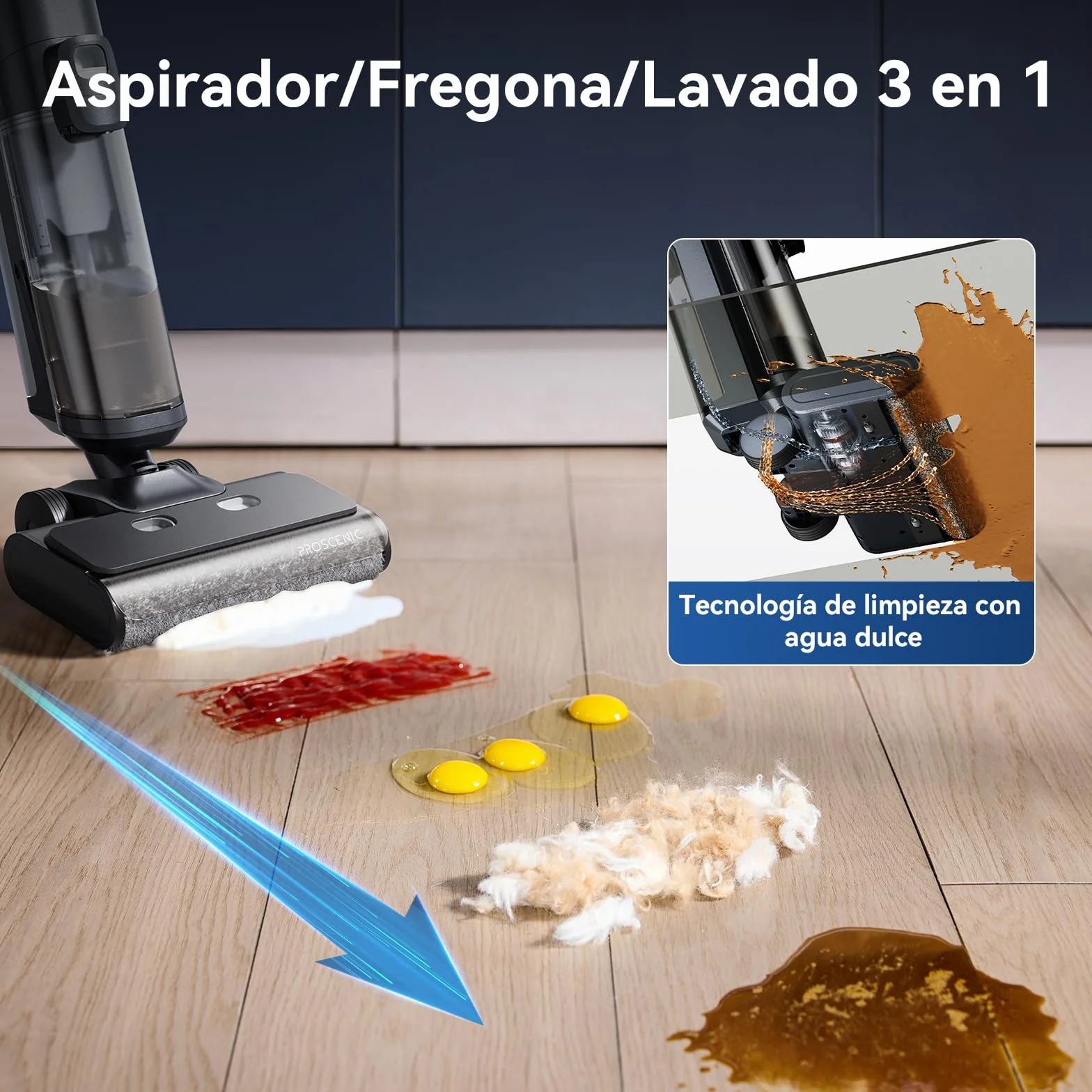 Proscenic F20A Aspirador Escoba sin Cables en Seco y Húmedo,35Min, 2L Tanque Agua, Limpieza de Bordes, Autolimpieza, Secado por Aire Frío, LED Pantalla, Suelos Duros y Pelo de Mascotas