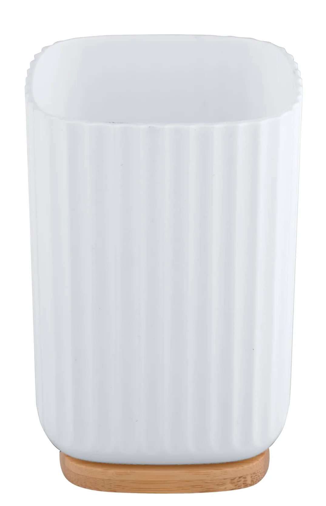 WENKO Vaso para el cepillo de dientes Rotello, portacepillos de plástico py base de bambú, para guardar utensilios, estructura acanalada de fácil sujeción, Ø 8,6 x 11,1 cm, blanco/natural