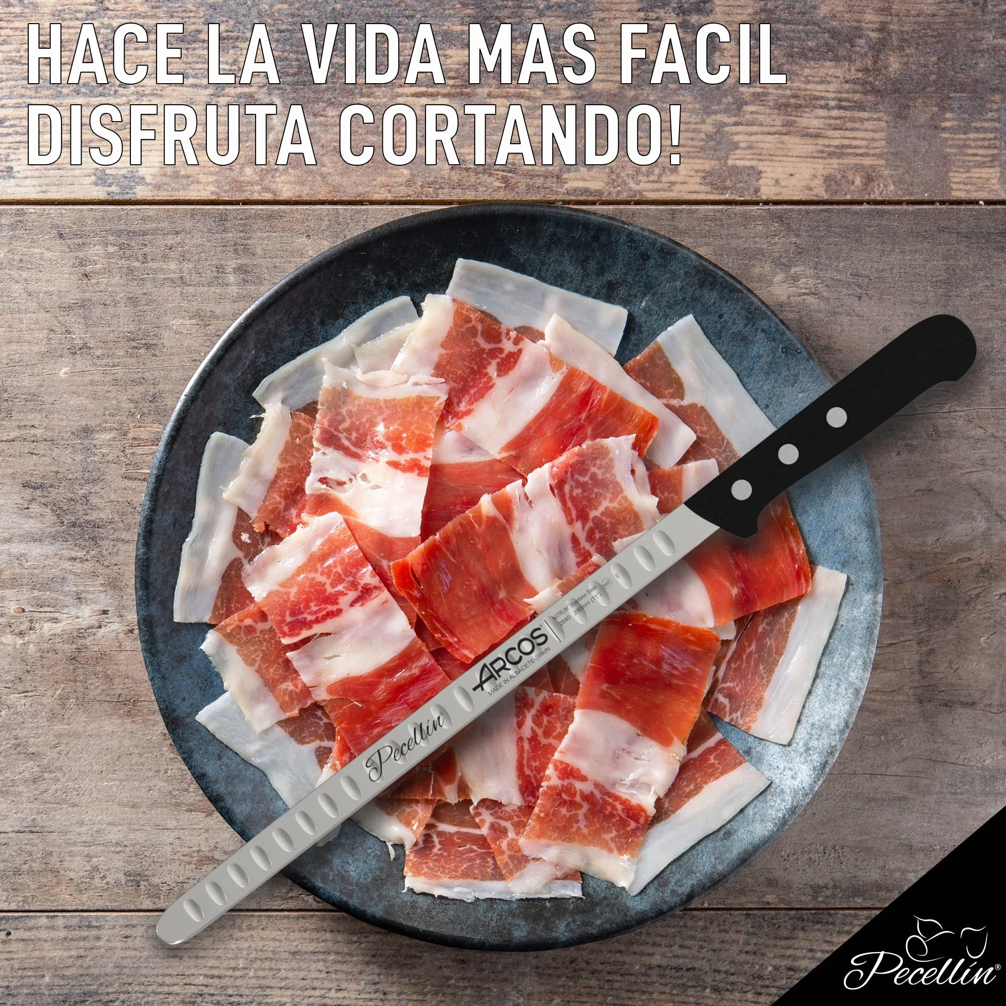 Cuchillo Jamonero Profesional con Alveolos de 29cm | Cuchillo Jamonero de Calidad de Hoja Flexible Acero Inoxidable NITRUM Proteccion Bacteriana para Patas de Jamón y Paletas