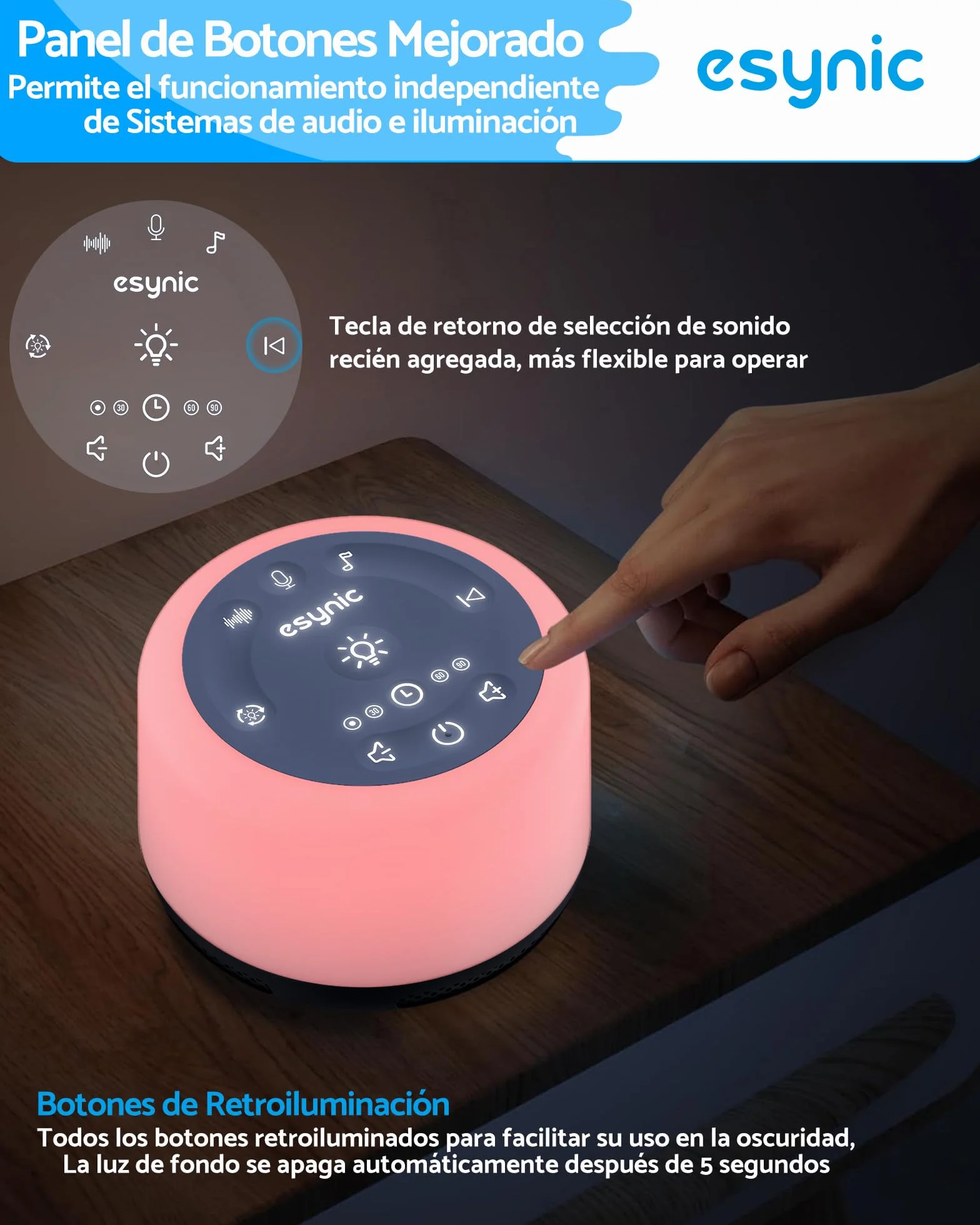 eSynic Máquina de Ruido Blanco Portátil para Dormir Bebé 30 Sonidos Relajantes Luz Nocturna Temporizador Batería