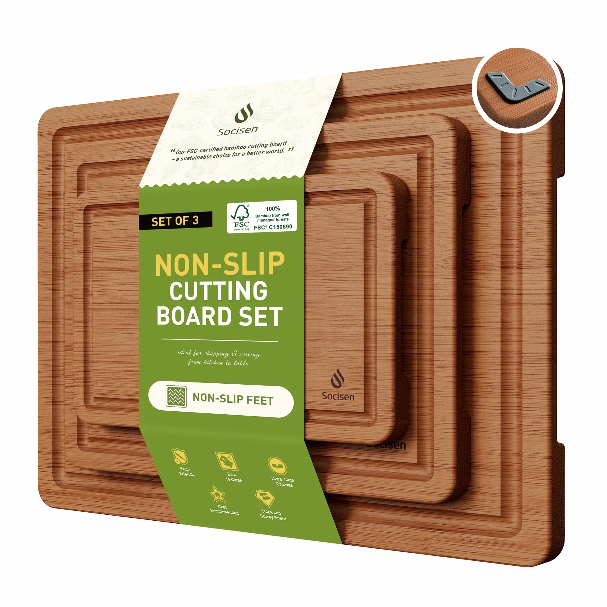 Socisen Juego de tablas de cortar de bambú de 3 piezas con pies antideslizantes y sobre el fregadero, tablero de madera maciza, ranuras gruesas para jugo, extragrande, grande, pequeña, la mejor