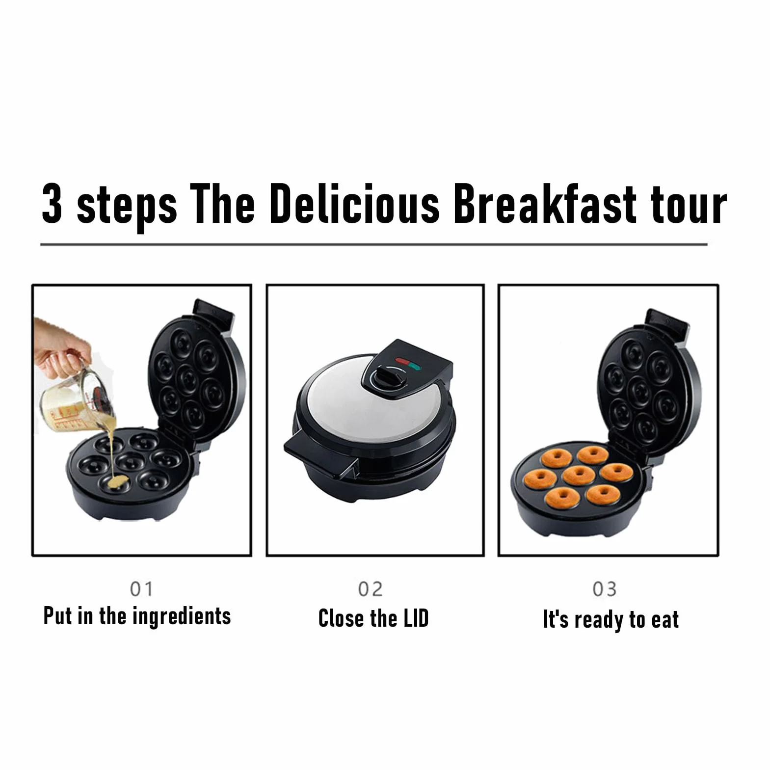 Mini Donut Maker, Recubrimiento Antiadherente Donut Maker para 7 Donuts Pequeños, Molde para Hornear Donuts de 1000W para Desayuno Casero Postres Aperitivos