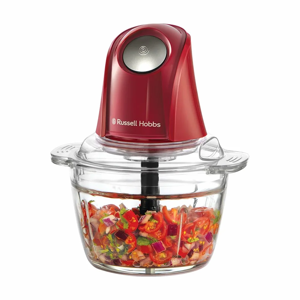 Russell Hobbs Picadora Eléctrica Mini Desire Red (Cuenco de vidrio de 500 ml, Cuchillas Inox de 2 puntas, 350 W Max, Botón One-Touch, Para frutas, verduras y carne) 27132-56