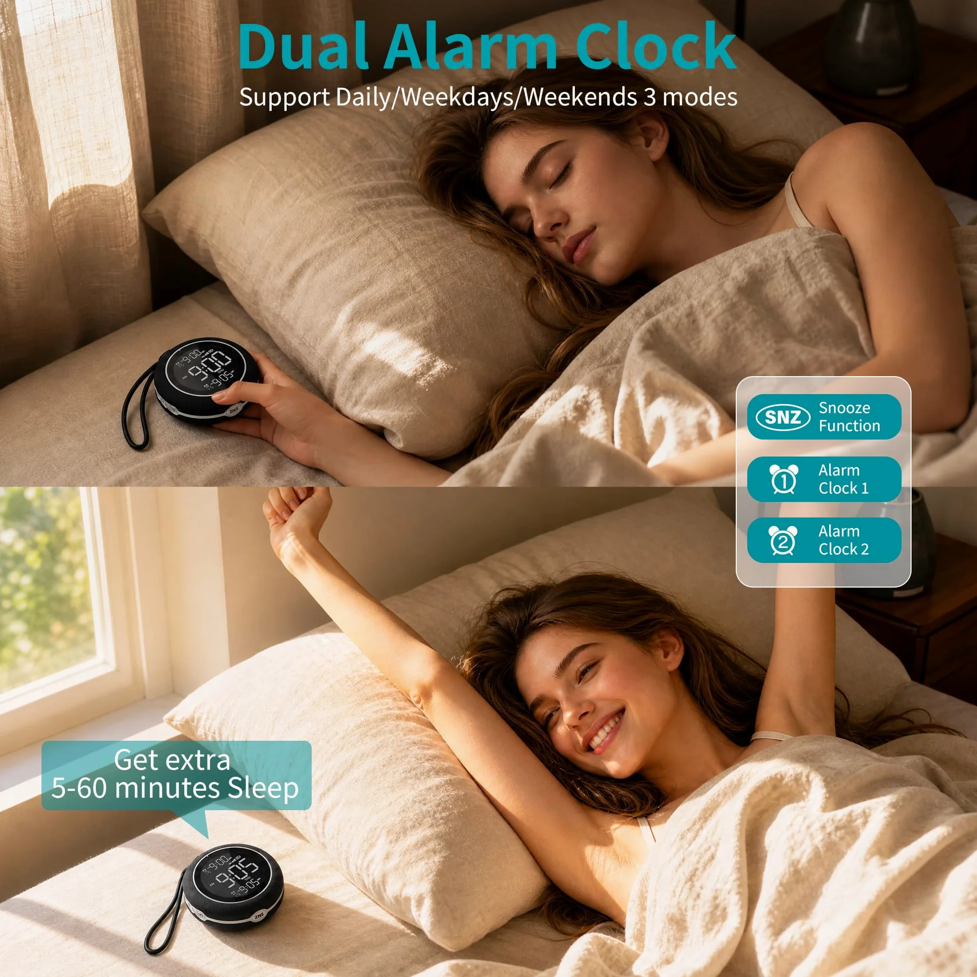 Reloj Despertador con Vibración, Reloj Digital Inalámbrico Recargable 1200mAh con 3 Niveles Vibración, 20 Sonidos, Alarma Doble, 12/24H y DST, Portátil para Viajes