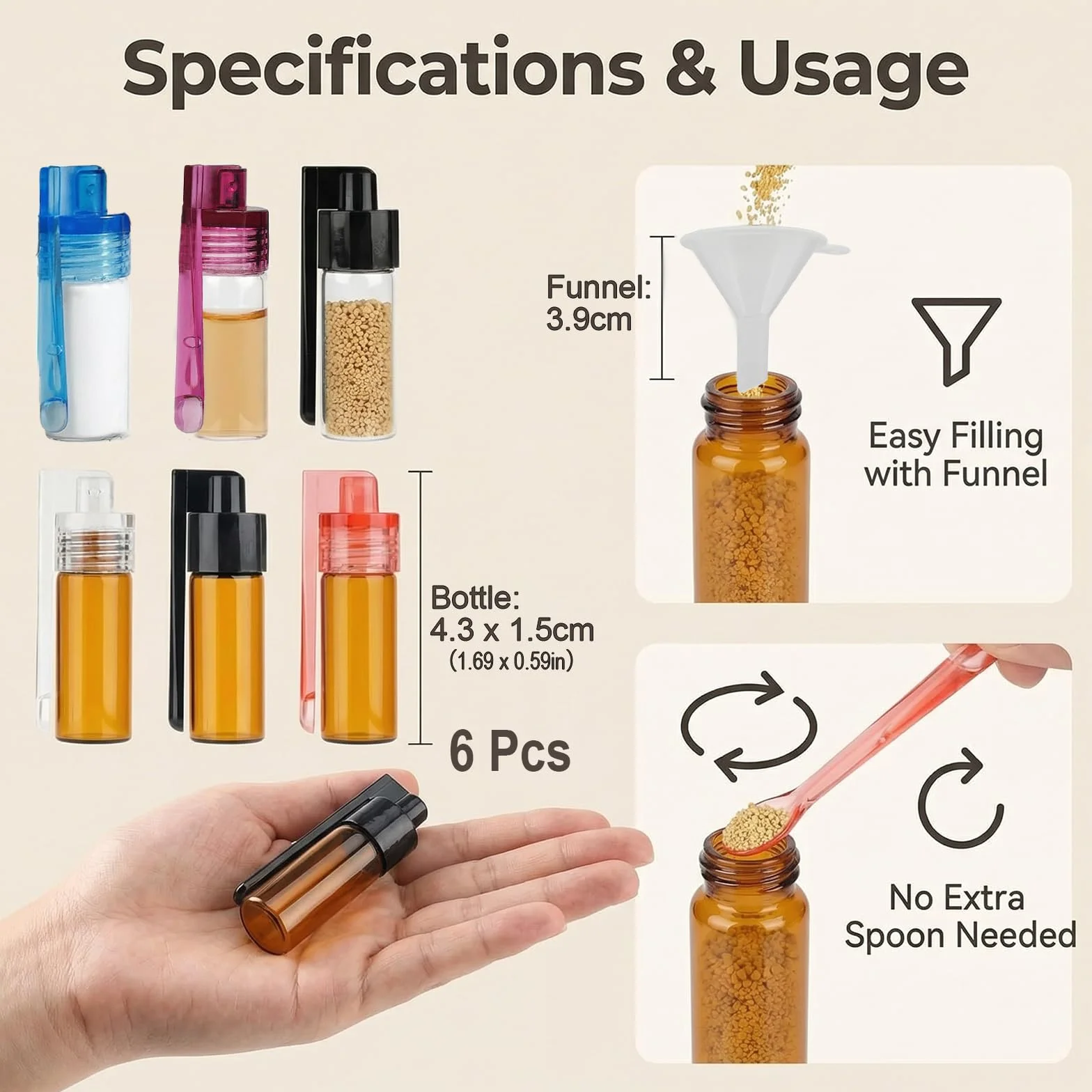 Polvo de Especias Botella, Juego de 6 Unidades Botes de Especias con Cucharilla y Embudo, Herméticos y Resistentes al Agua, Almacenamiento Ideal para Sal, Pimienta y Especias en Cocina