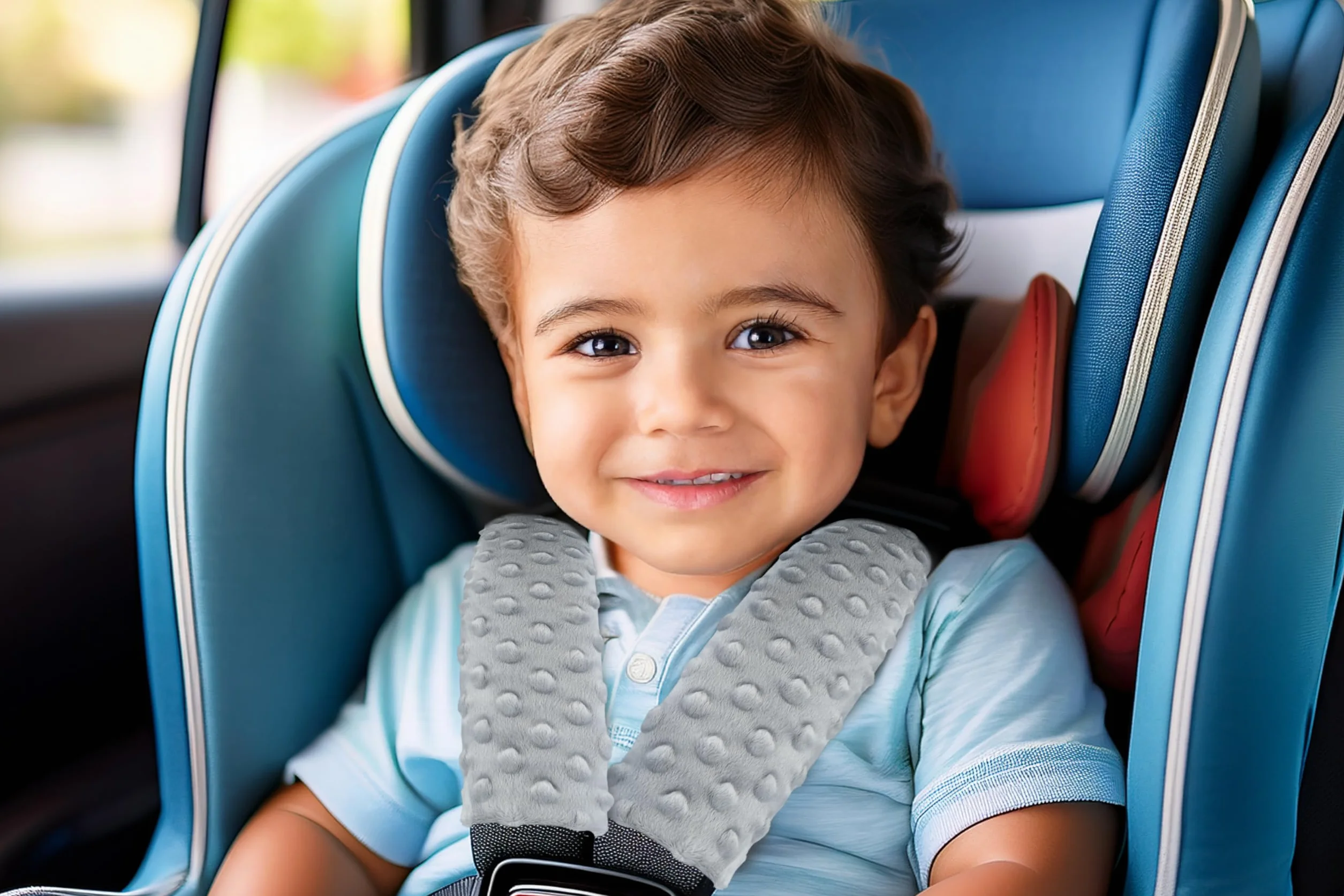 Coche Protector Cinturon Niños Almohadilla 2 Piezas Seguridad Bebe 17x22cm 100% Algodón Minky Cinturón Kids Seat Car Estrellas grises