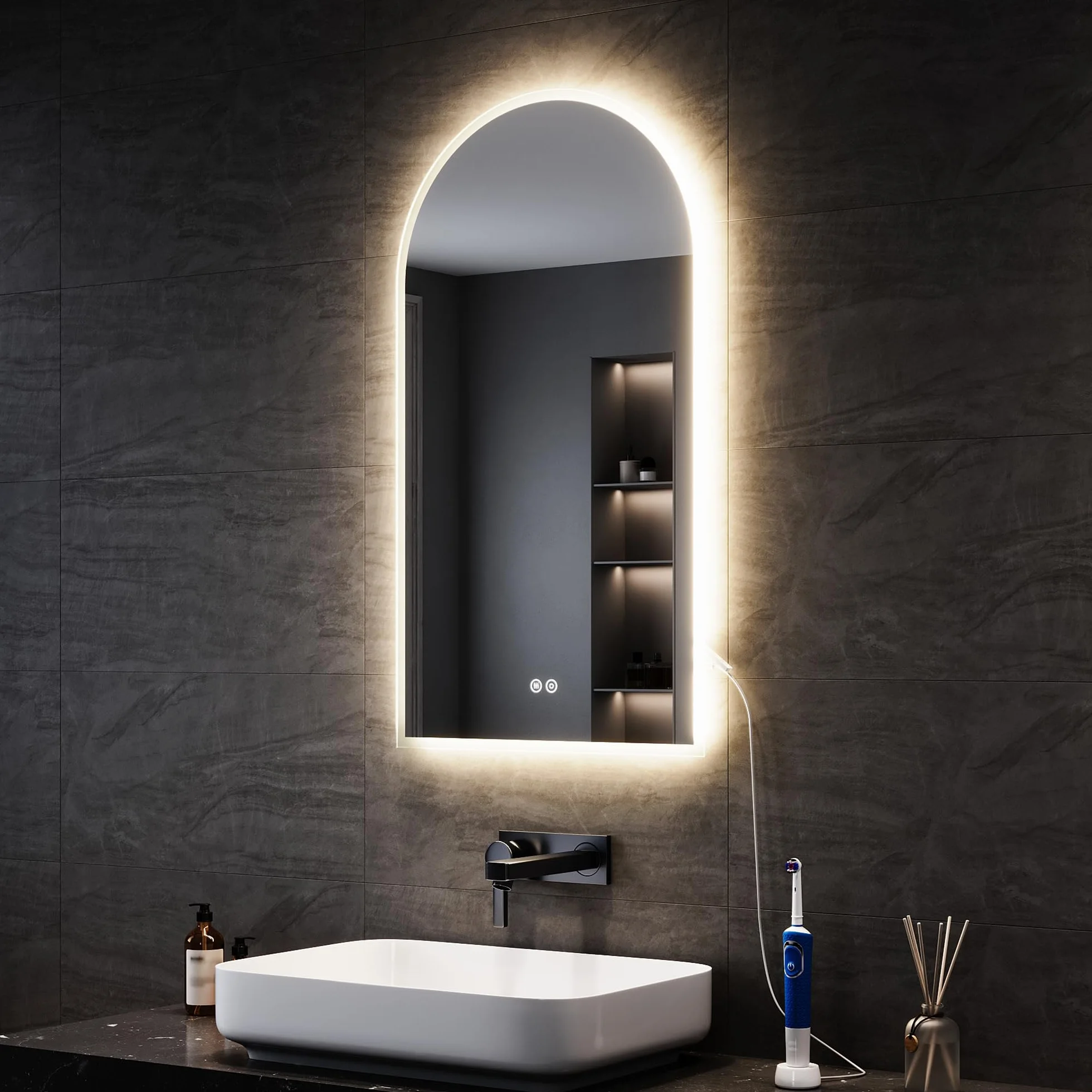 SONNI Espejo de baño con arco de iluminación 80 x 40 cm, espejo de baño LED con enchufe + control táctil + antivaho + 3 colores, regulable y memoria de corte de corriente
