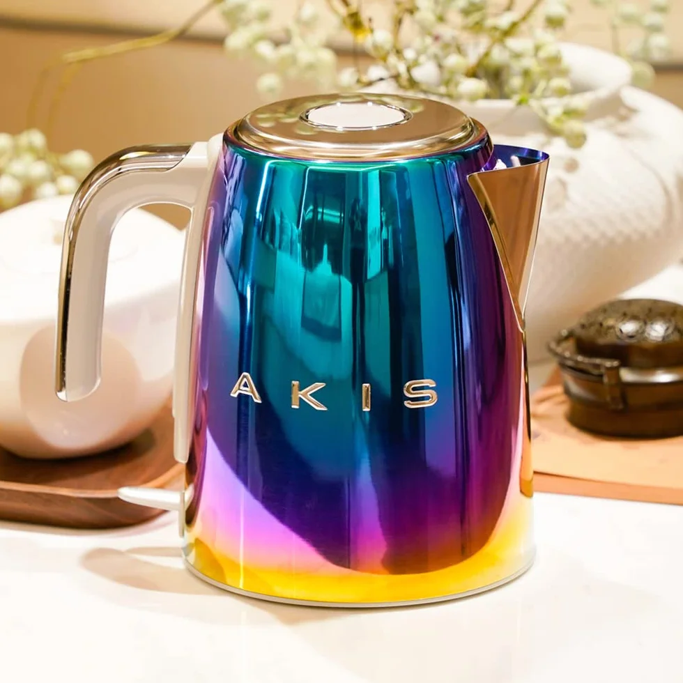 AKIS La Fête Design Tostadora y hervidor de agua de acero inoxidable en arco iris multicolor moderno