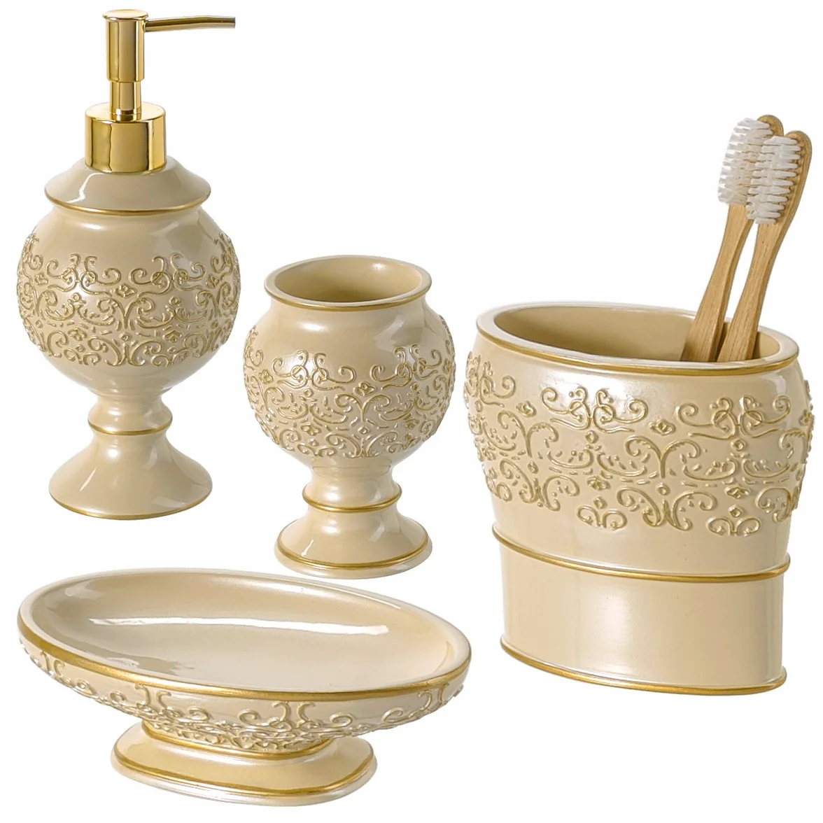 Creative Scents Juego de accesorios de baño de 4 piezas, incluye dispensador de jabón líquido, soporte para cepillo de dientes, vaso y jabonera