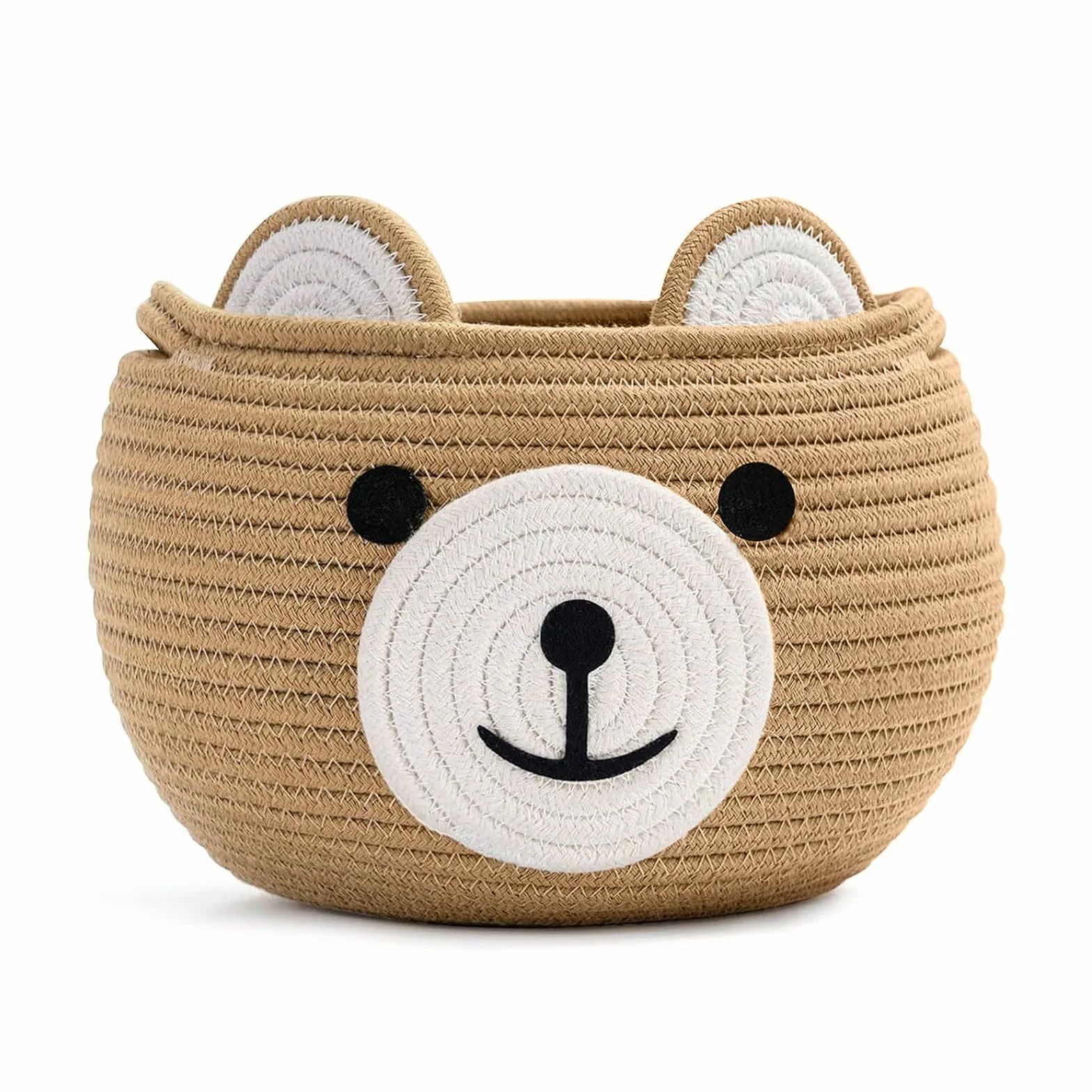 Cesta de almacenamiento para niños con forma de oso de cuerda de algodón redonda con asas ocultas