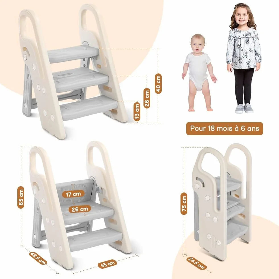 Onasti Taburete Plegable Infantil 3 Peldaños, Asiento Entrenamiento Inodoro Ajustable Antideslizante Gris