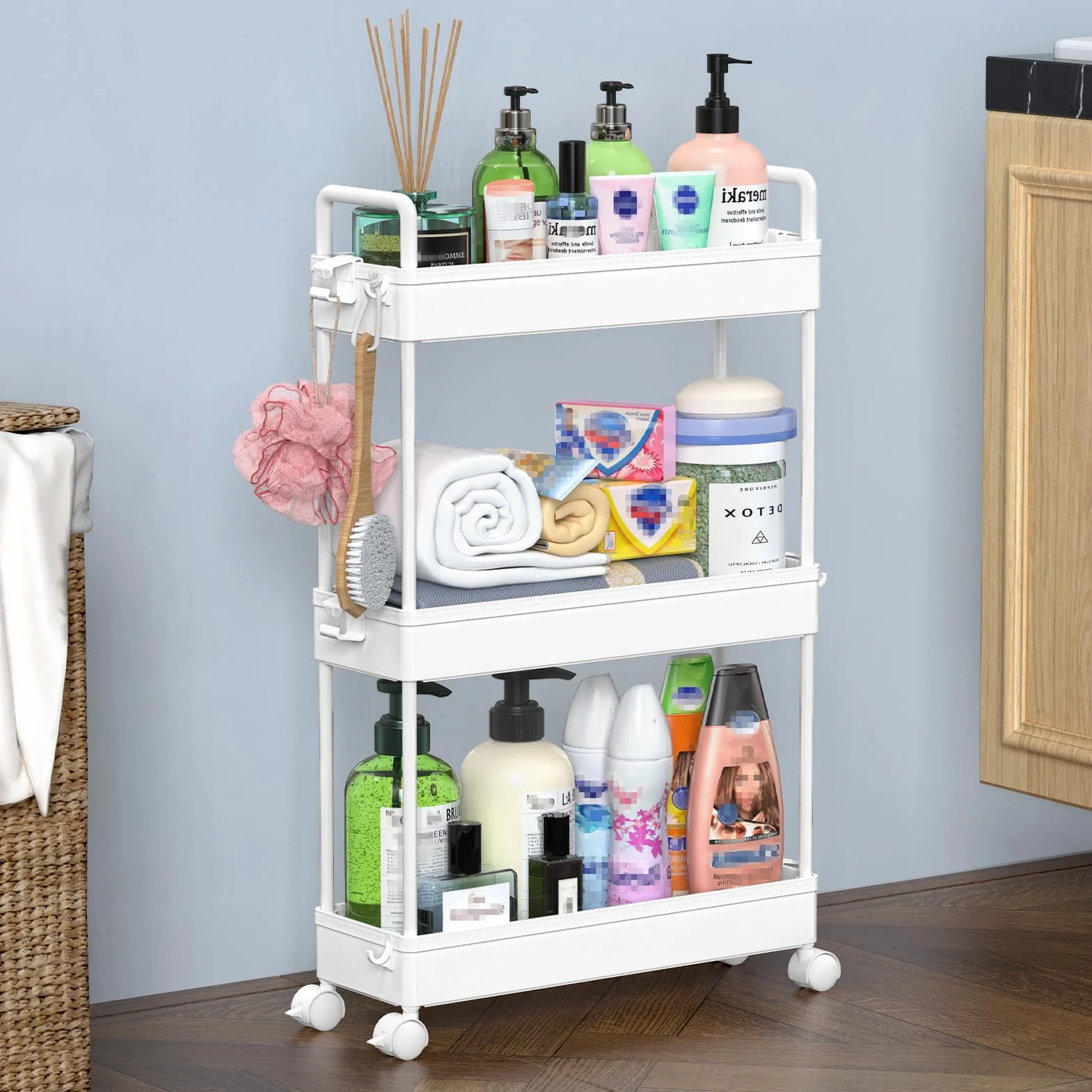 SOLEJAZZ Carro de Almacenamiento de 3 Niveles, Deslizante, Delgado, utilitario, Organizador de estantes de Almacenamiento móvil para Cocina, baño, lavandería, Lugares Estrechos, plástico, Blanco