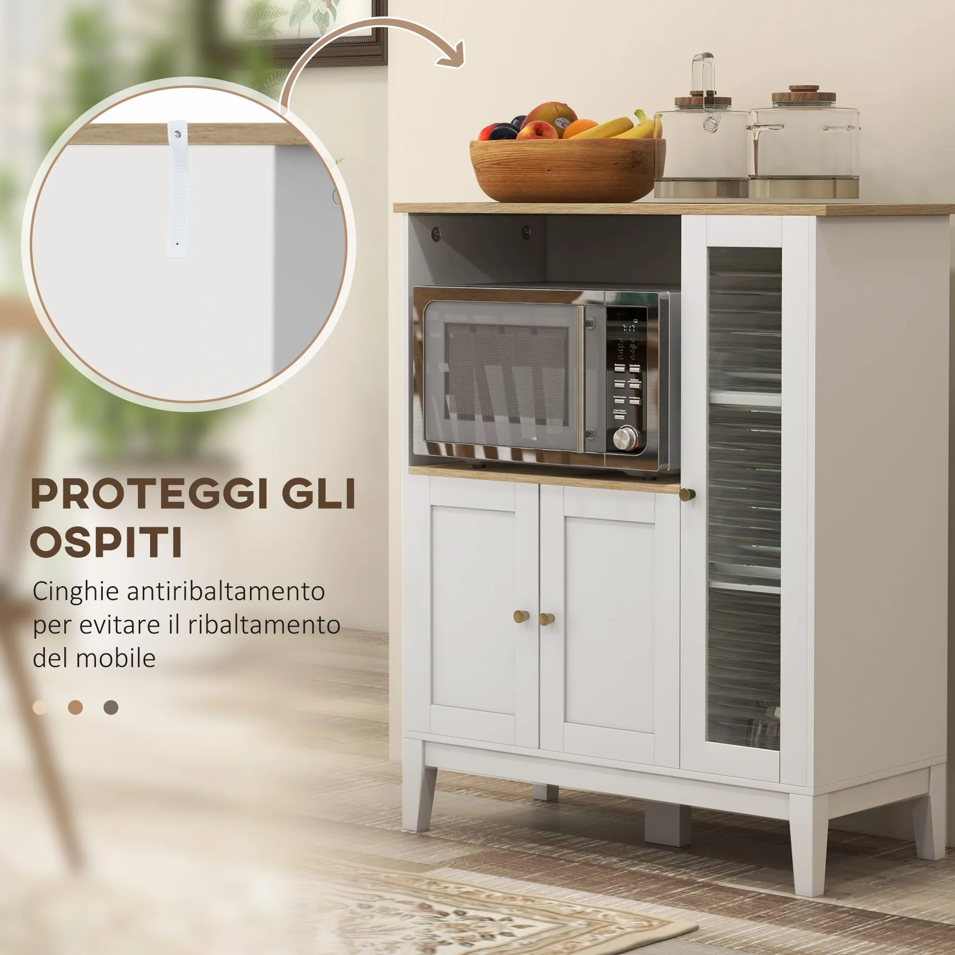 HOMCOM Mueble Auxiliar de Cocina Moderno Mueble para Microondas Aparador de Cocina con Estantes 3 Puertas Compartimiento Abierto y Sistema Anti-vuelco para Comedor 80x35x97 cm Blanco