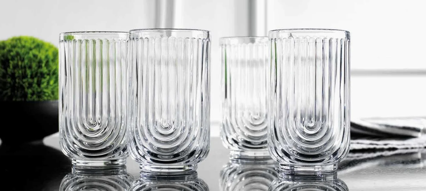 Glaver's Juego de 8 vasos de 17 onzas, vasos de cóctel ondulados, vasos acanalados, vasos de vidrio Highball. Cristalería Art Deco con diseño de arco para agua, jugo, café.