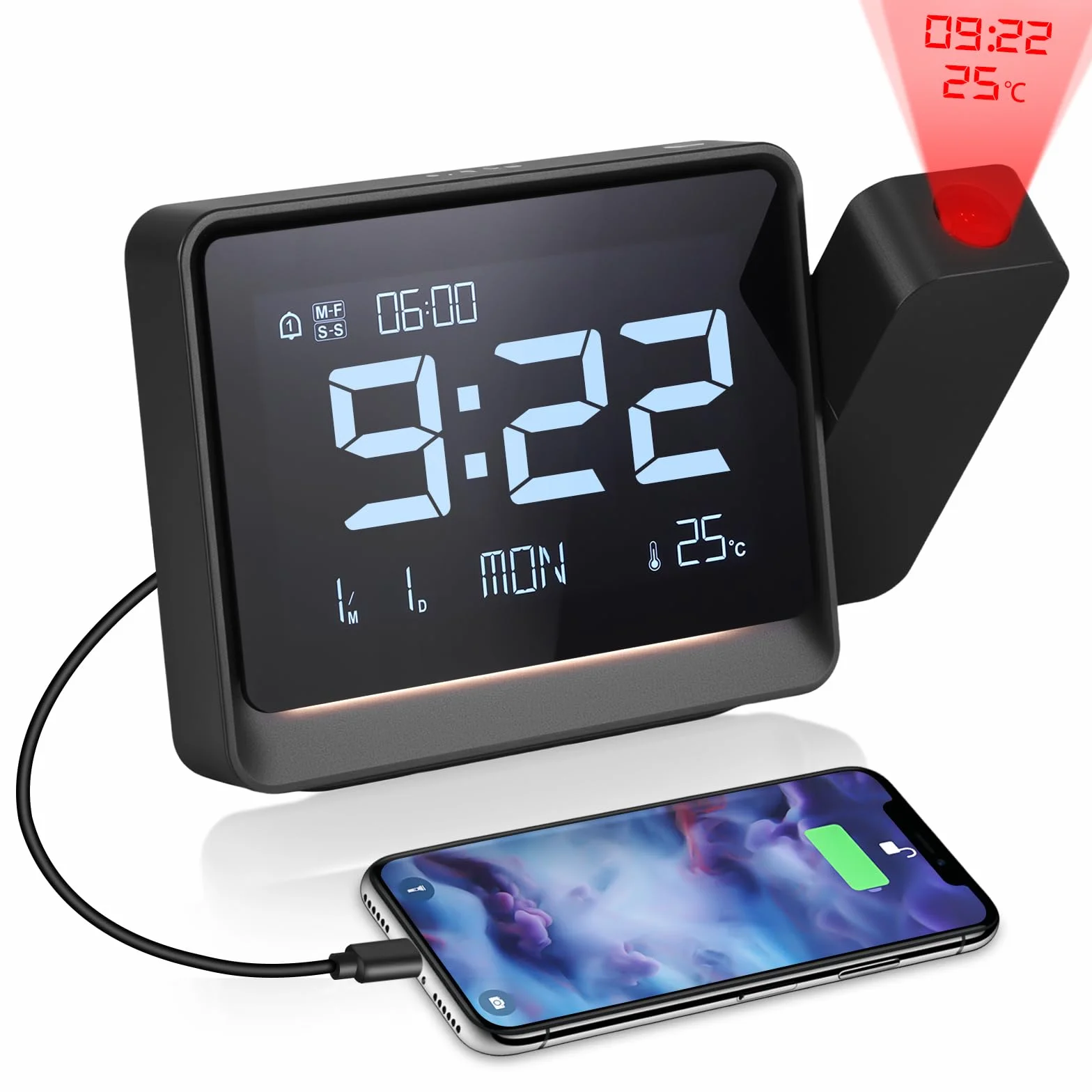 Despertador Proyector Techo,Relojes de Proyección Digital con Temperatura,Modo día laborable/Fin de Semana,Fecha,Bluetooth,Snooze,Luz Nocturna,12/24 Horas,4 Niveles de Brillo Ajustable para Dormitorio