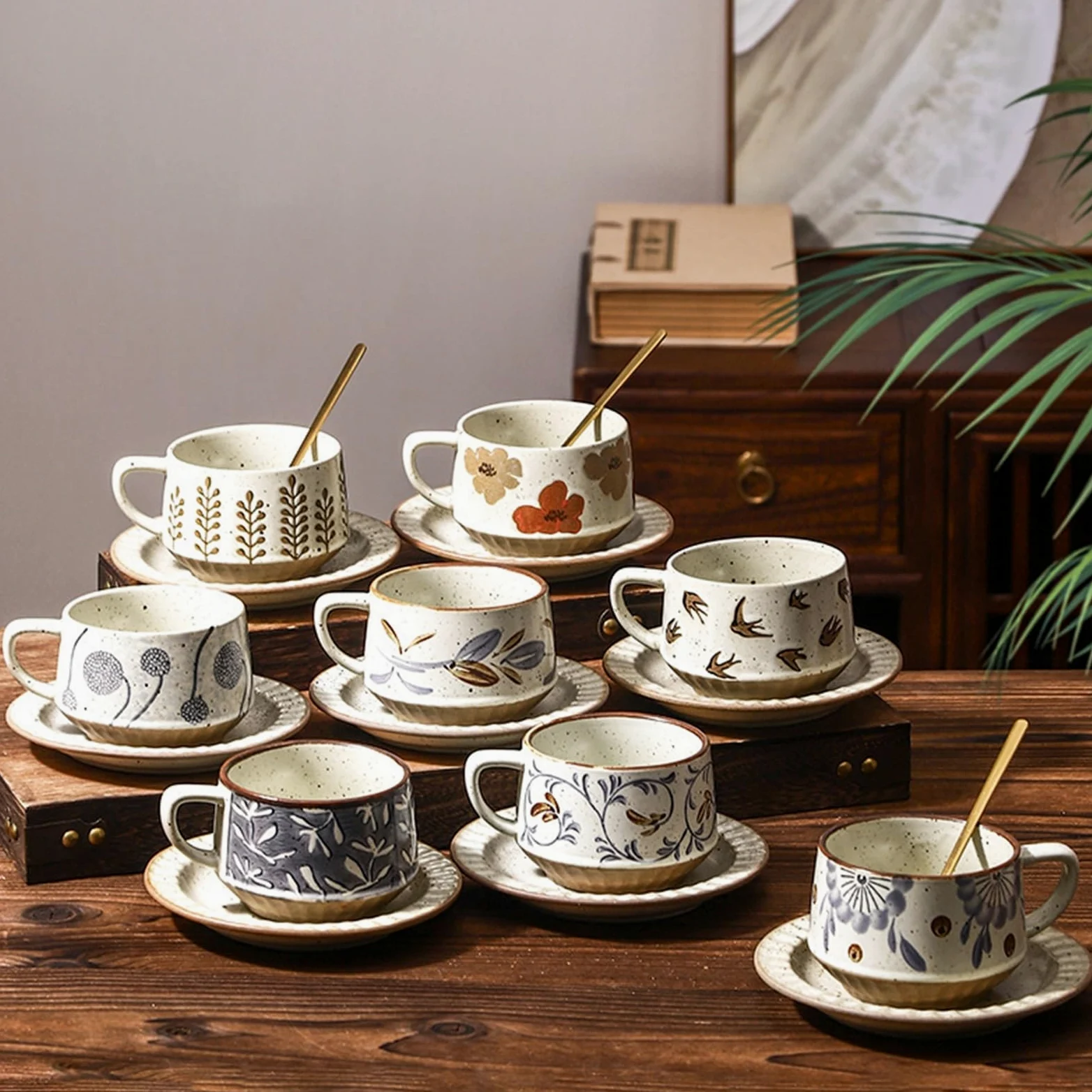 Tazas de cerámica Juego de taza café/té cerámica con diseño vintage hierba y flores, platillo cuchara, 300 ml Taza de café