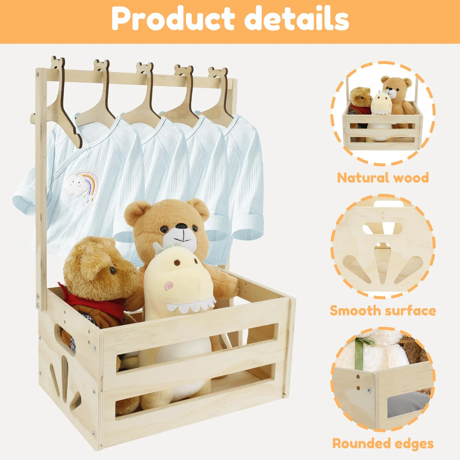 Cesta de bebé regalo con asa de madera 41x30x20 cm para baby shower almacenamiento recién nacidos