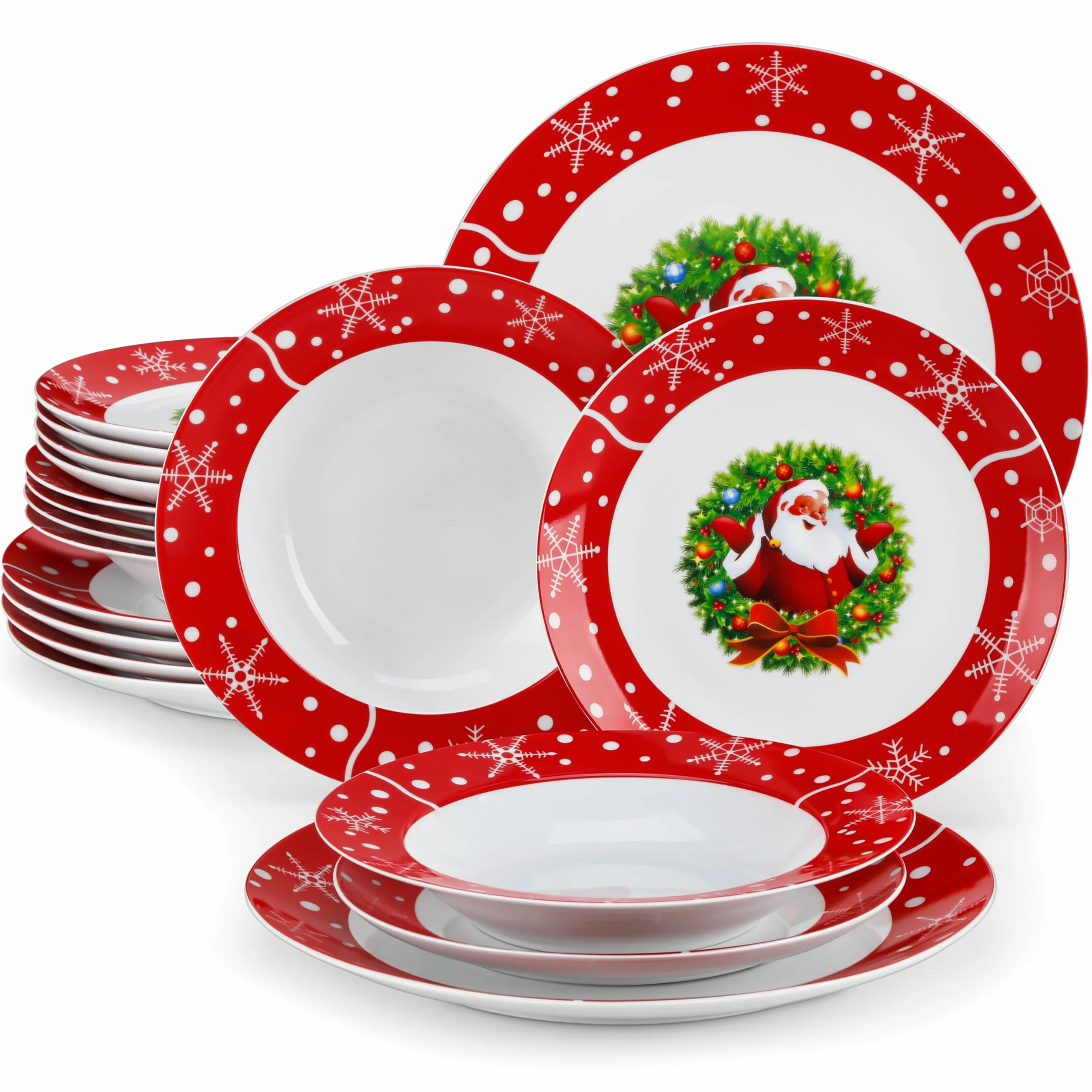 VEWEET, Vajilla de Navidad de 18 Piezas para 6 Personas en Porcelana, con Platos Llanos, de Postre y Hondos, Decoración Navideña Roja con Motivo de Papá Noel, Serie SANTACLAUS