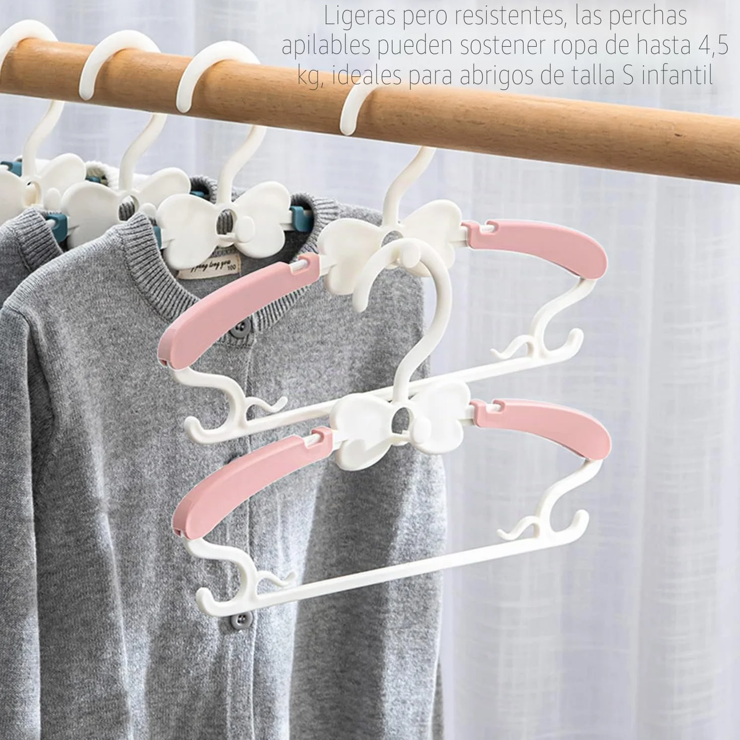 Perchas Bebe Apilables con Ganchos de Mariposa, Plástico Antideslizantes, Juego de 20, Ahorro de Espacio (Rosa + Blanco)