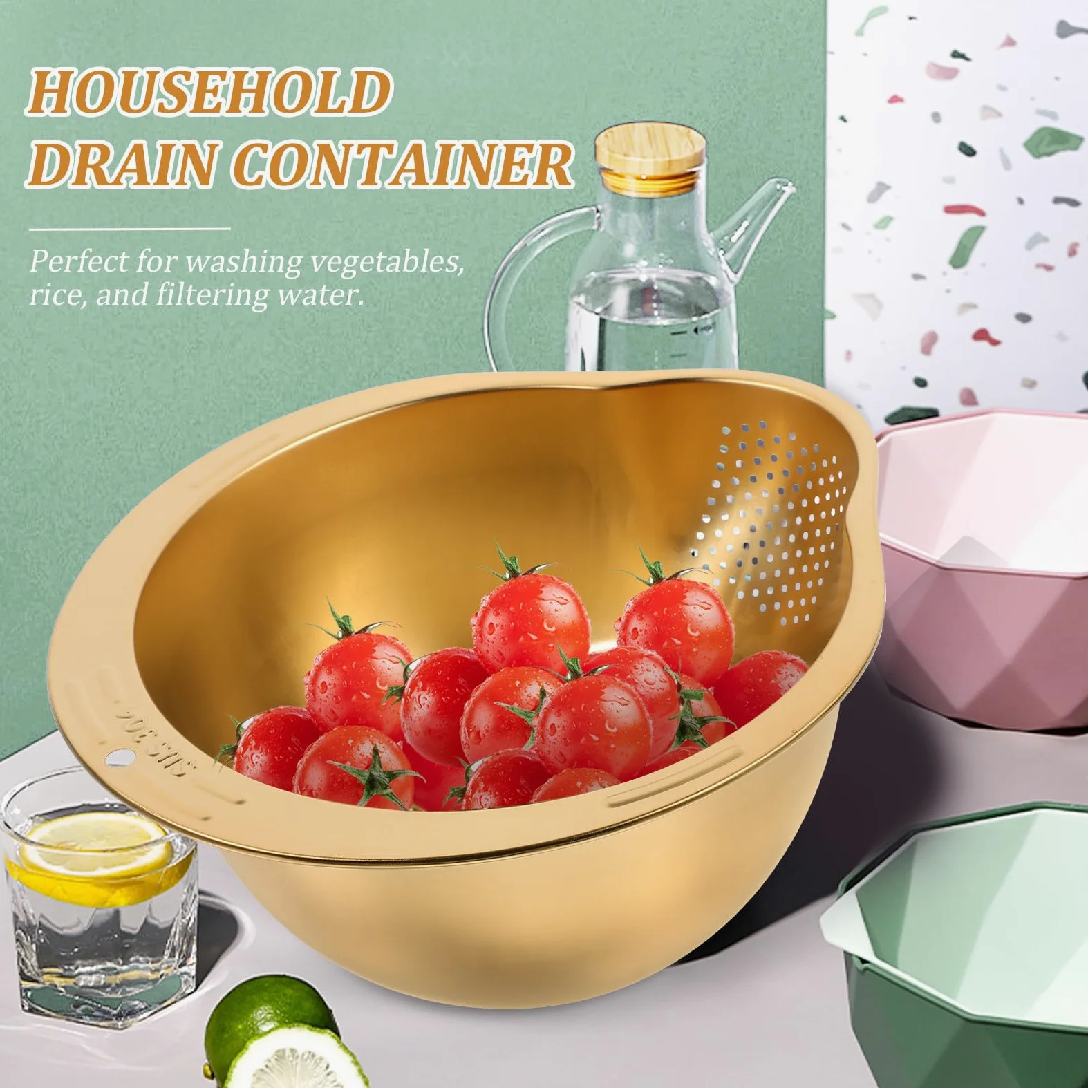 Escurridor de Lavado de Frutas y Arroz Acero Inoxidable Pequeño, Cesta de Malla Fina Dorada, Multiusos para Cocina y Escurrido, Herramienta Práctica para Hogares y Restaurantes