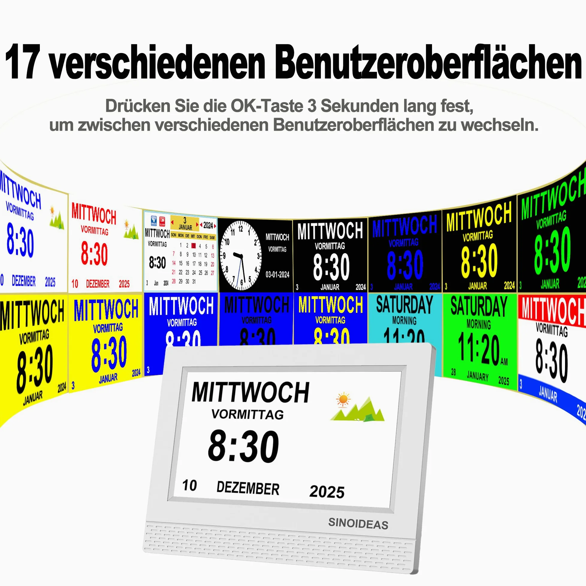 SINOIDEAS Reloj despertador digital de 7 pulgadas para personas mayores, con calendario, 22 recordatorios personalizados y 17 temas (blanco)