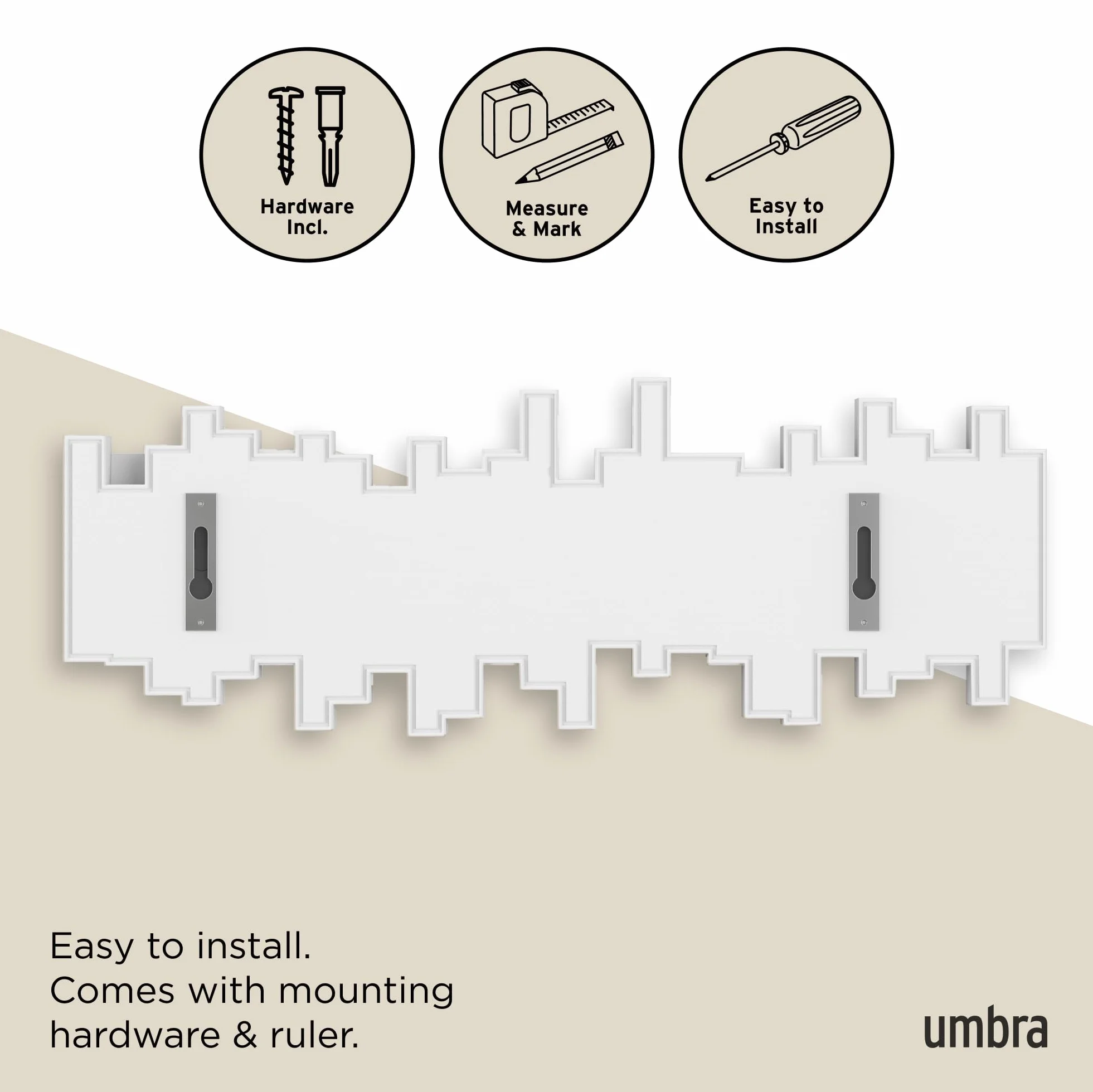 Umbra Sticks perchero de pared con gancho de riel y 5 clavijas retráctiles – Organizador de almacenamiento moderno que ahorra espacio, blanco