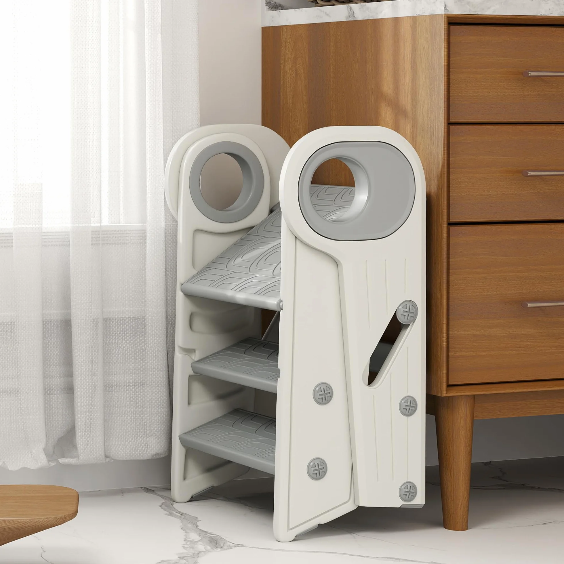 AIYAPLAY Taburete Plegable Torre de Aprendizaje Ajustable para Niños 18-60 Meses Antideslizante Gris y Blanco