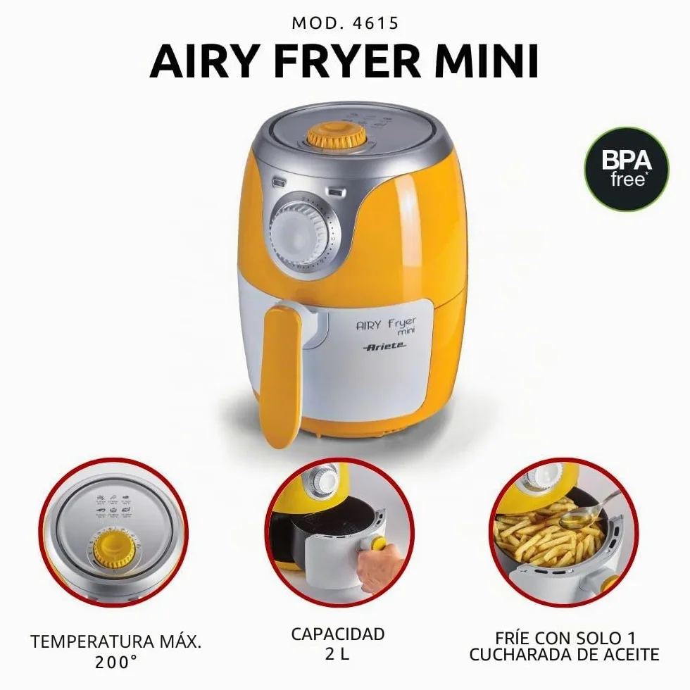 Ariete 4615 - Mini freidora saludable Airy, sin aceite, temporizador,1000 W, amarillo y blanco