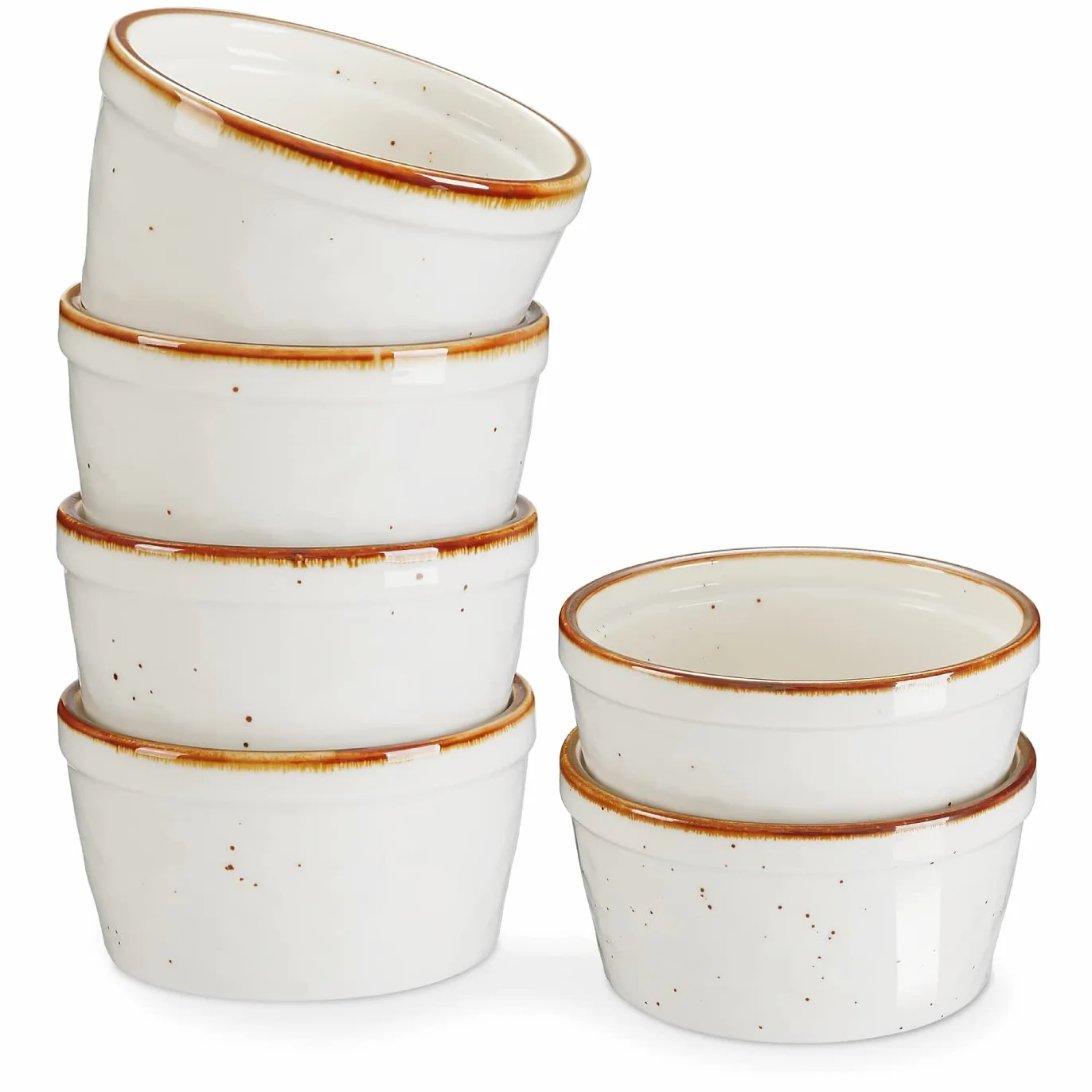 ONEMORE Ramequines pequeños de cerámica de 8 onzas aptos para horno, con borde marrón para hornear, bonito juego de ramequines moteados para crema brulee, salsas, postres y helados, juego de 6 tazas