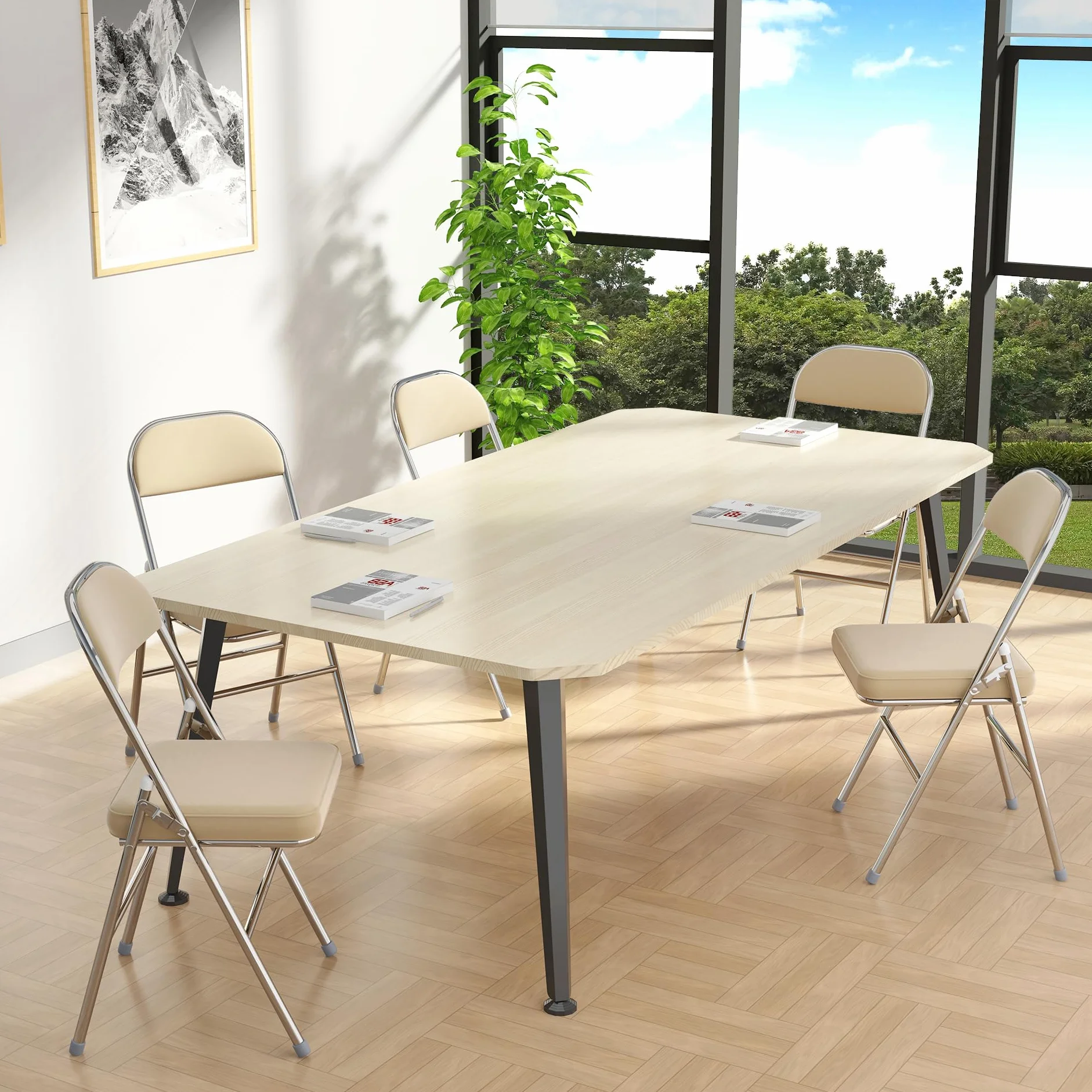Juego de 4 Cómoda Silla Plegable sillas Plegables de Cuero para Cocina con cojín Grueso, sillas de Comedor Plegables para Cocina, Interior, Exterior, Sala de conferencias Beige