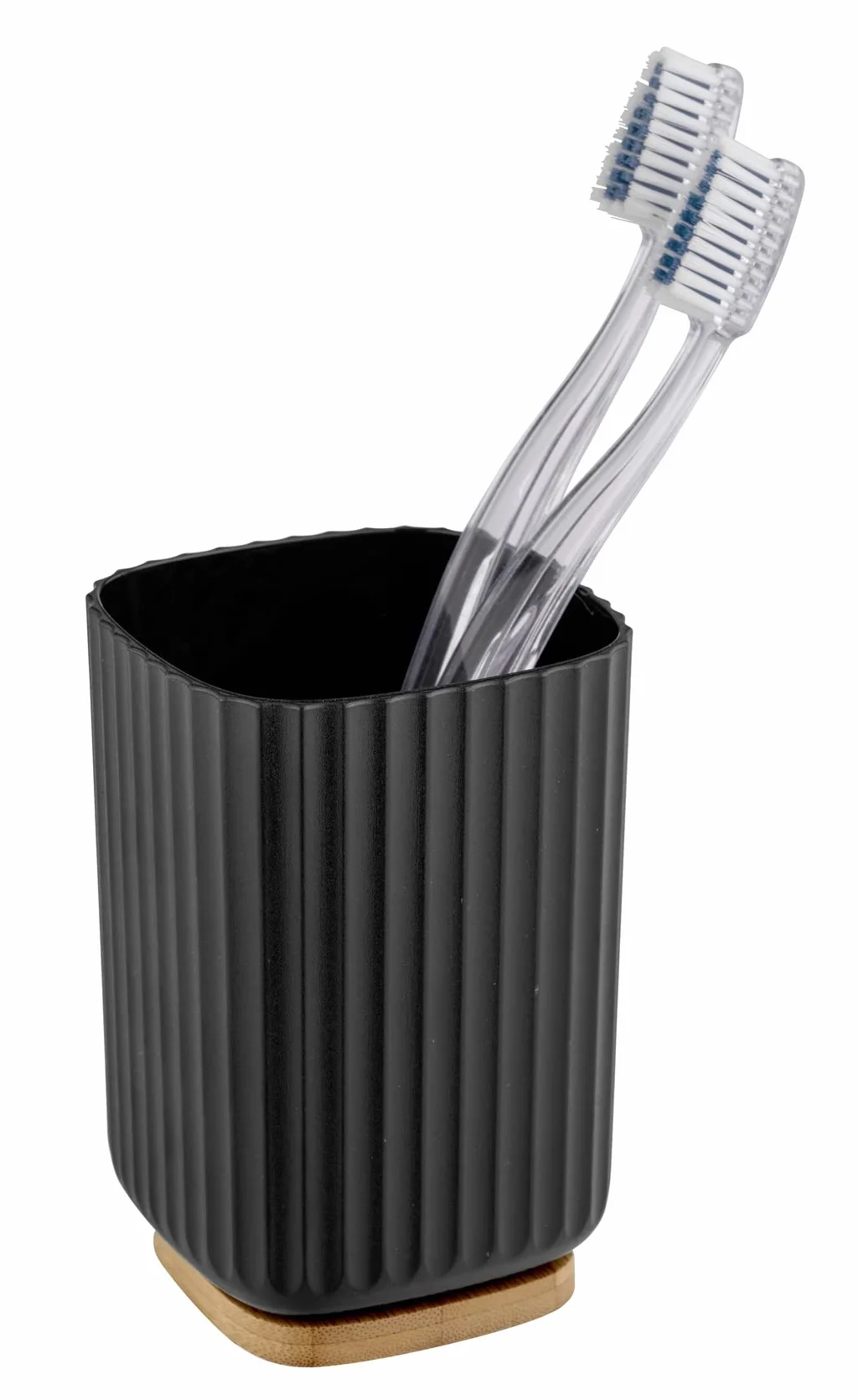 WENKO Vaso para cepillo de dientes Rotello, de plástico, para cepillos de dientes, y base de bambú, para guardar utensilios, con estructura acanalada de fácil sujeción, Ø 8,6 x 11,1 cm, negro/natural